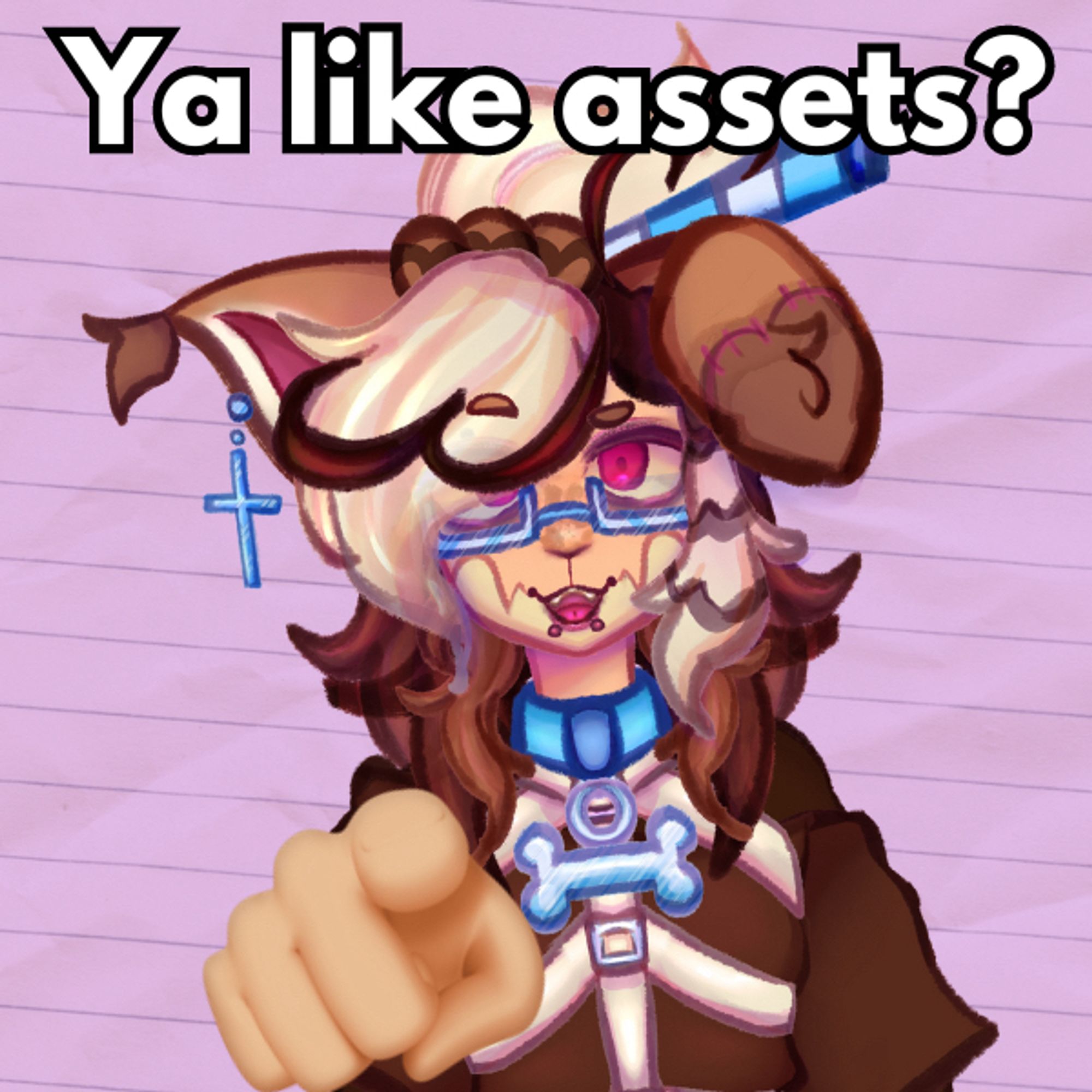 A meme style image of a Dog boy Vtuber / Pngtuber model with an inquisitive expression pointing at the viewer (with the IOS finger pointing emoji). 

The top text reads "Ya Like Assets?". This post was made by a Digital Artist or V-Artist, who made the PNGtuber & Vtuber Design shown on screen, and is asking for vtubers to suggest model assets they'd like them to draw.