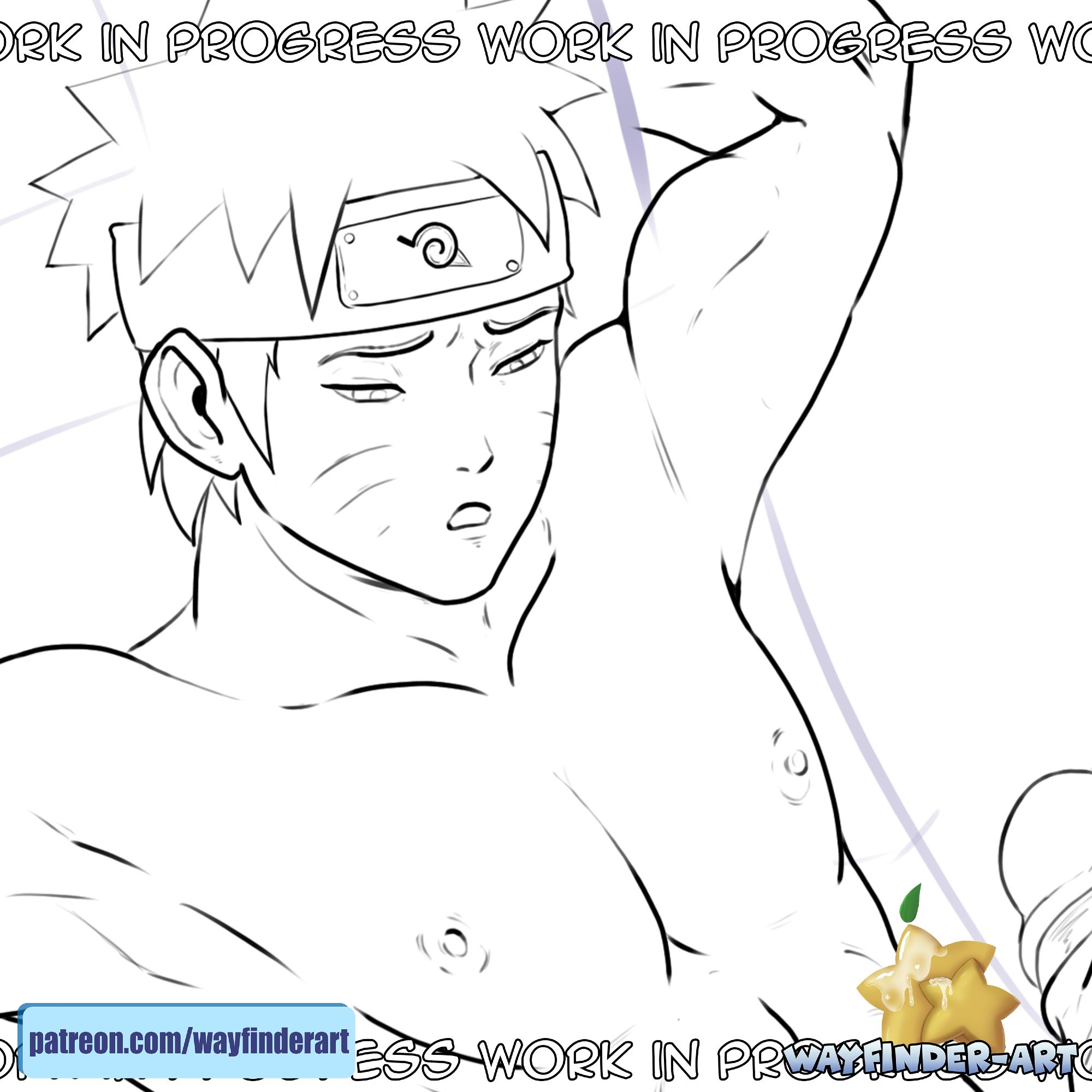 Lineart of Naruto with his arms up. Pleasured expression