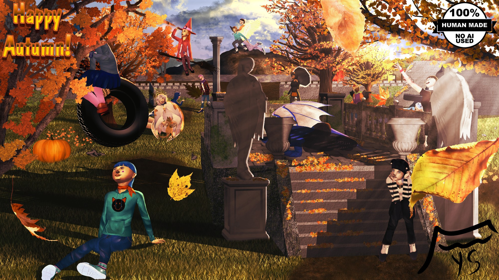 Art of an autumn landscape taking place in ruins with various characters, 2 Topaz statues, leaves flying in the background, a pumpkin, and plenty of foliage