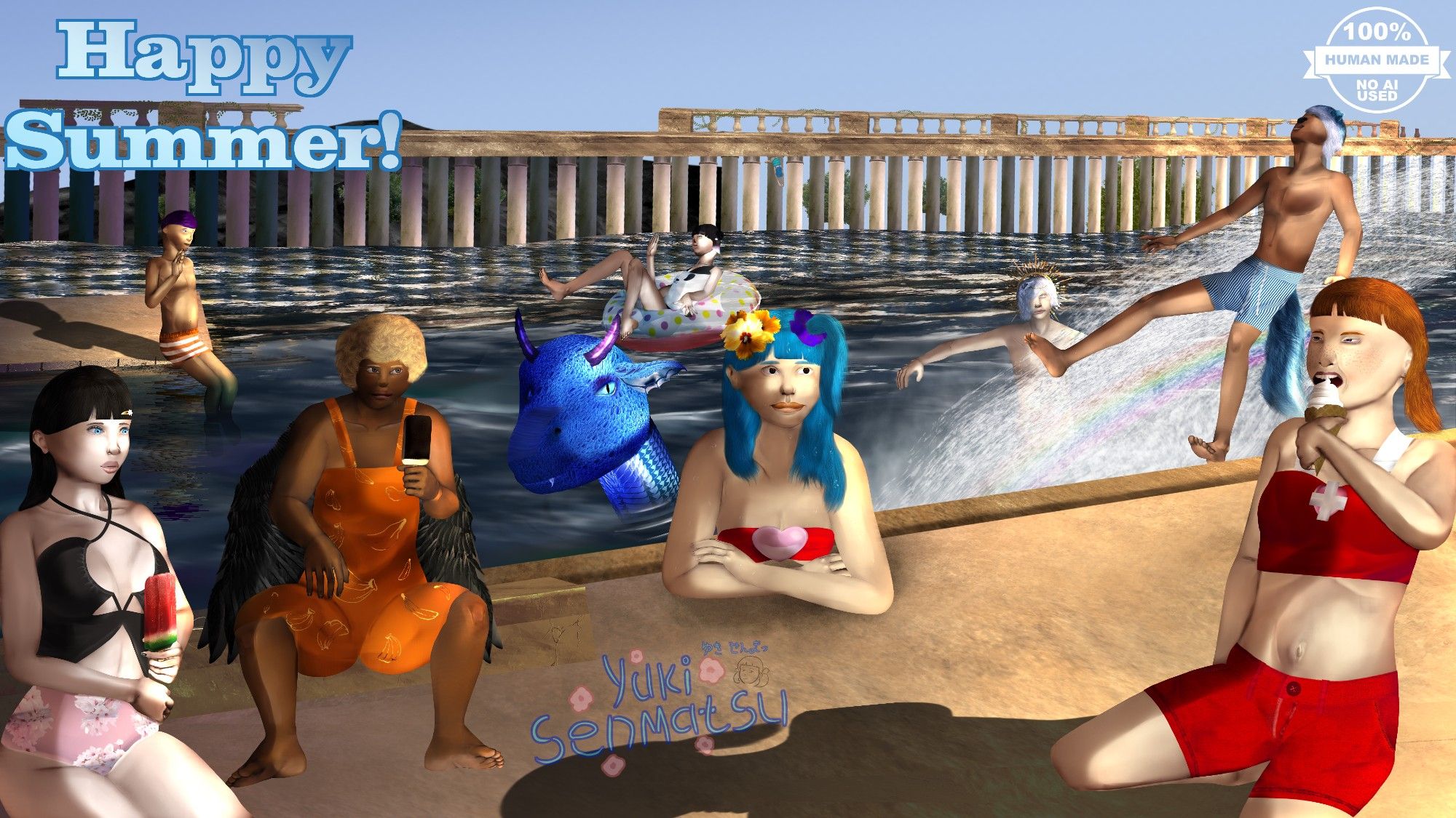 Art of a group in some flooded ancient ruins with one Japanese girl with a hibiscus and side ponytail relaxing after a swim and another in the far distance diving off a bridge. There are 3 characters having frozen treats where one is a fat ginger girl who is having an ice cream cone, one that's having a watermelon ice pop, and a black one that's a fudge bar. The characters swimming are a blue dragon, a white haired man, and an anthro panda woman on a float. There's also a feral wolf boy riding a waterfall and a Japanese boy waving at the panda woman