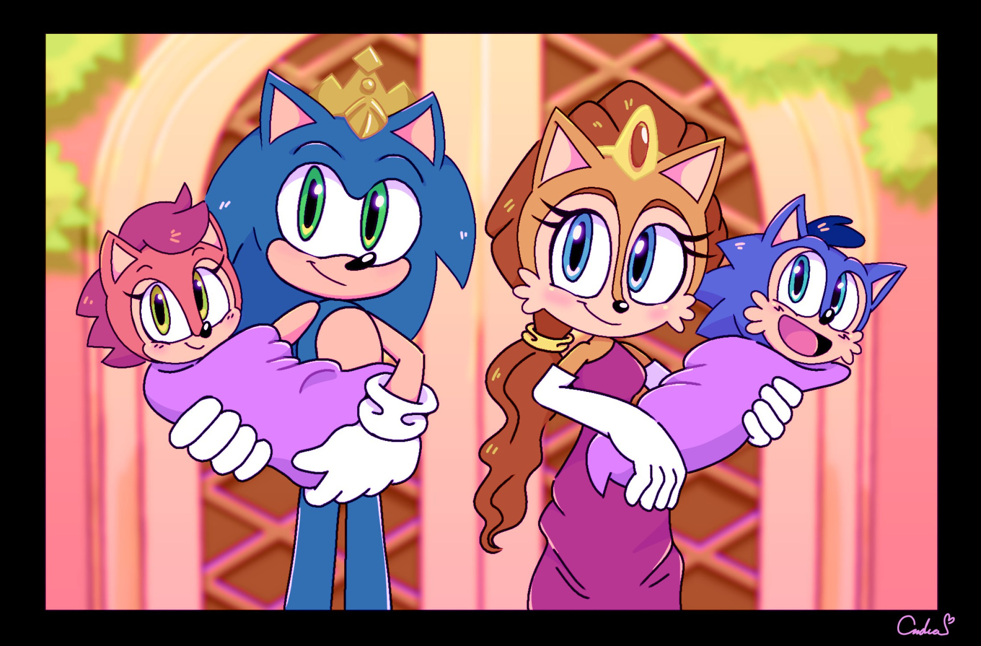 Sonic the Hedgehog and Sally Acorn posing for a photo, holding their infant children, Sonya and Manik. It's a redraw of a panel from the Sonic Universe comics.