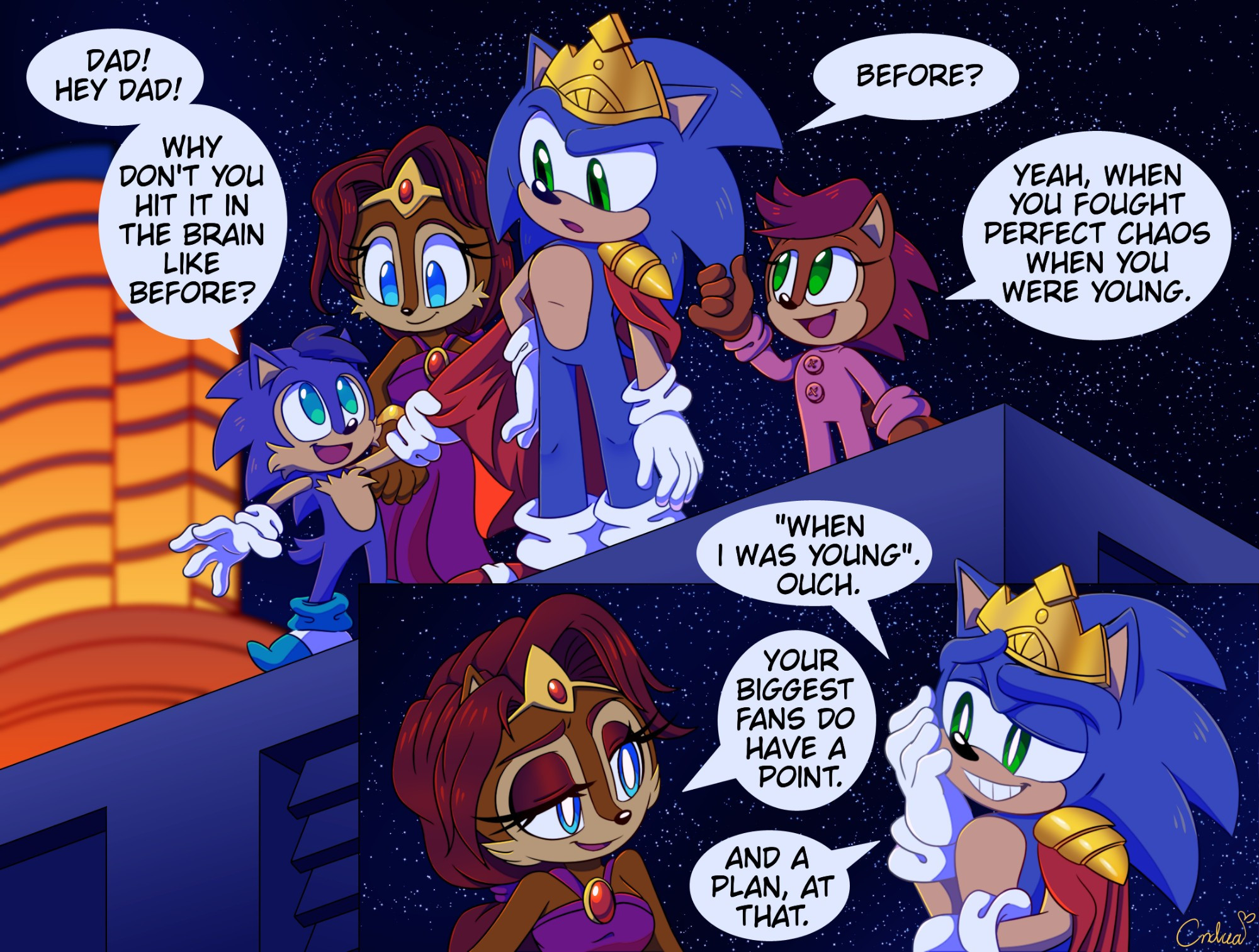 Redraw of a comic panel from Sonic Universe. Featuring Sonic the Hedgehog, Sally Acorn, and their two children, Manik and Sonya.