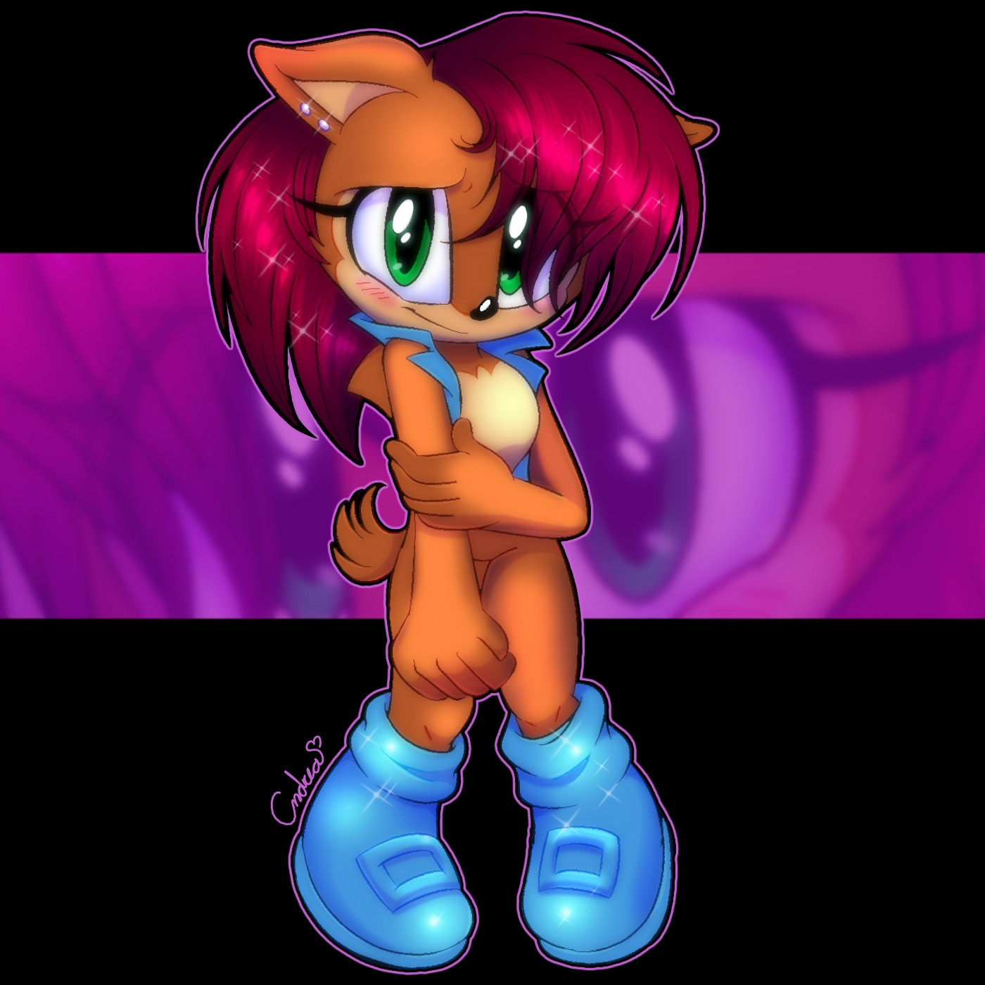 Sonya Acorn wearing her mother's teen outfit (Sally Acorn), simply a blue vest and boots.