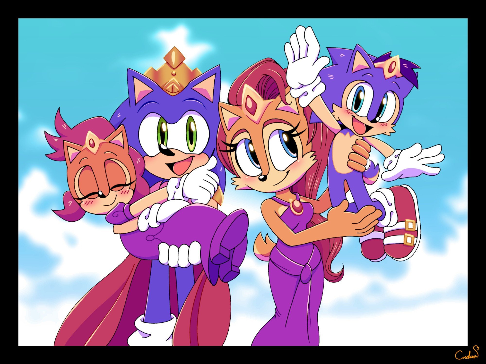 Sonic the Hedgehog holding his daughter, Sonya, and Sally Acorn holding her son, Manik.