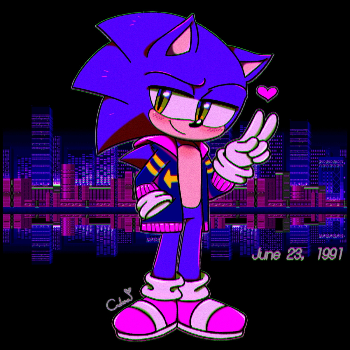 Sonic the Hedgehog giving the peace sign.