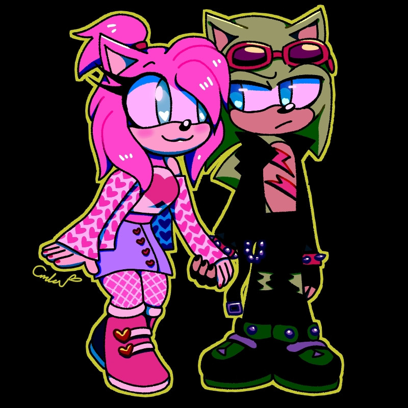 Amy Rose holding hands with Scourge the Hedgehog.