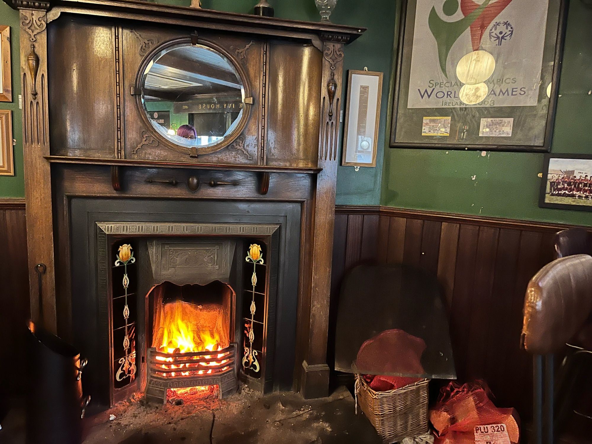 The fireplace at Carthy’s Bar at The Ivy House