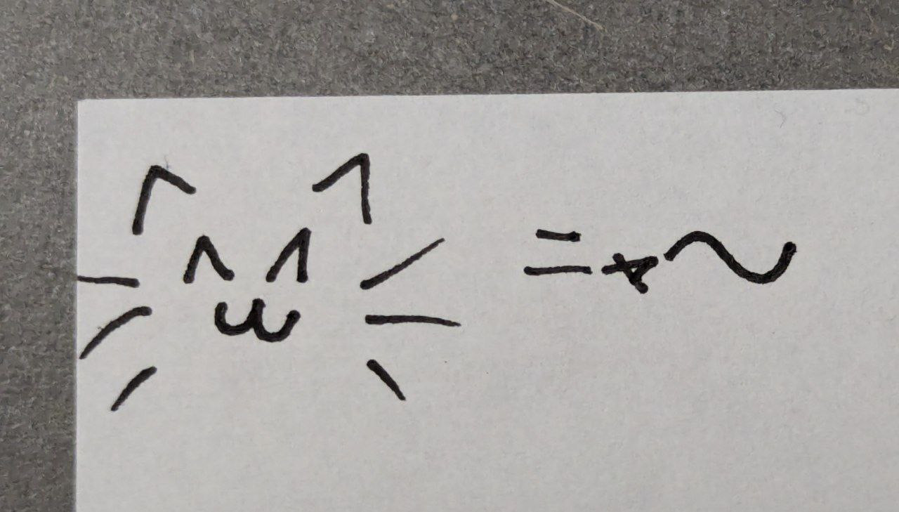 A poorly drawn cat face with a very sloppy ニャ〜 written next to it