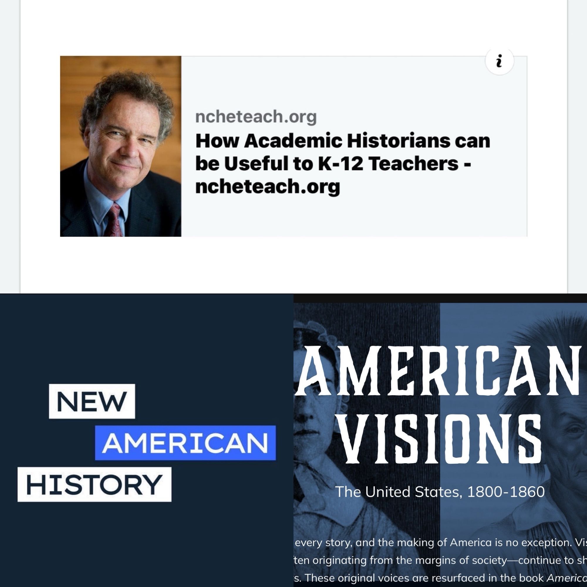 Image of historian Ed Ayers, the New American History site logo and the American Visions homepage.