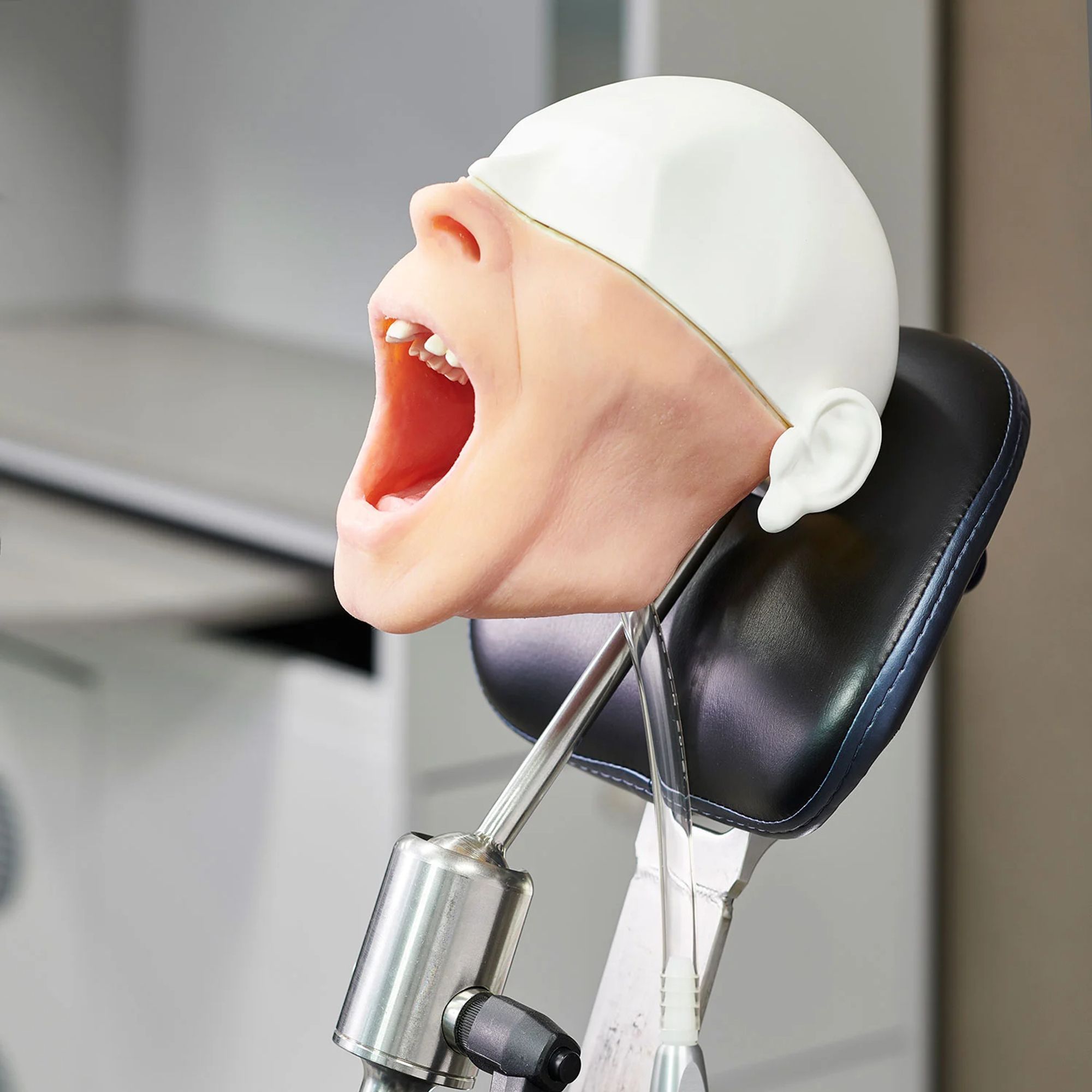 Dental phantom. Hyperreal face from the nose down (white, rubbery skin) with mouth wide open and a front tooth missing. The top of the head is not delineated realistically, and is made with a flat white material. The head is resting against a dark blue padded headrest, and is mounted on a metal rod.