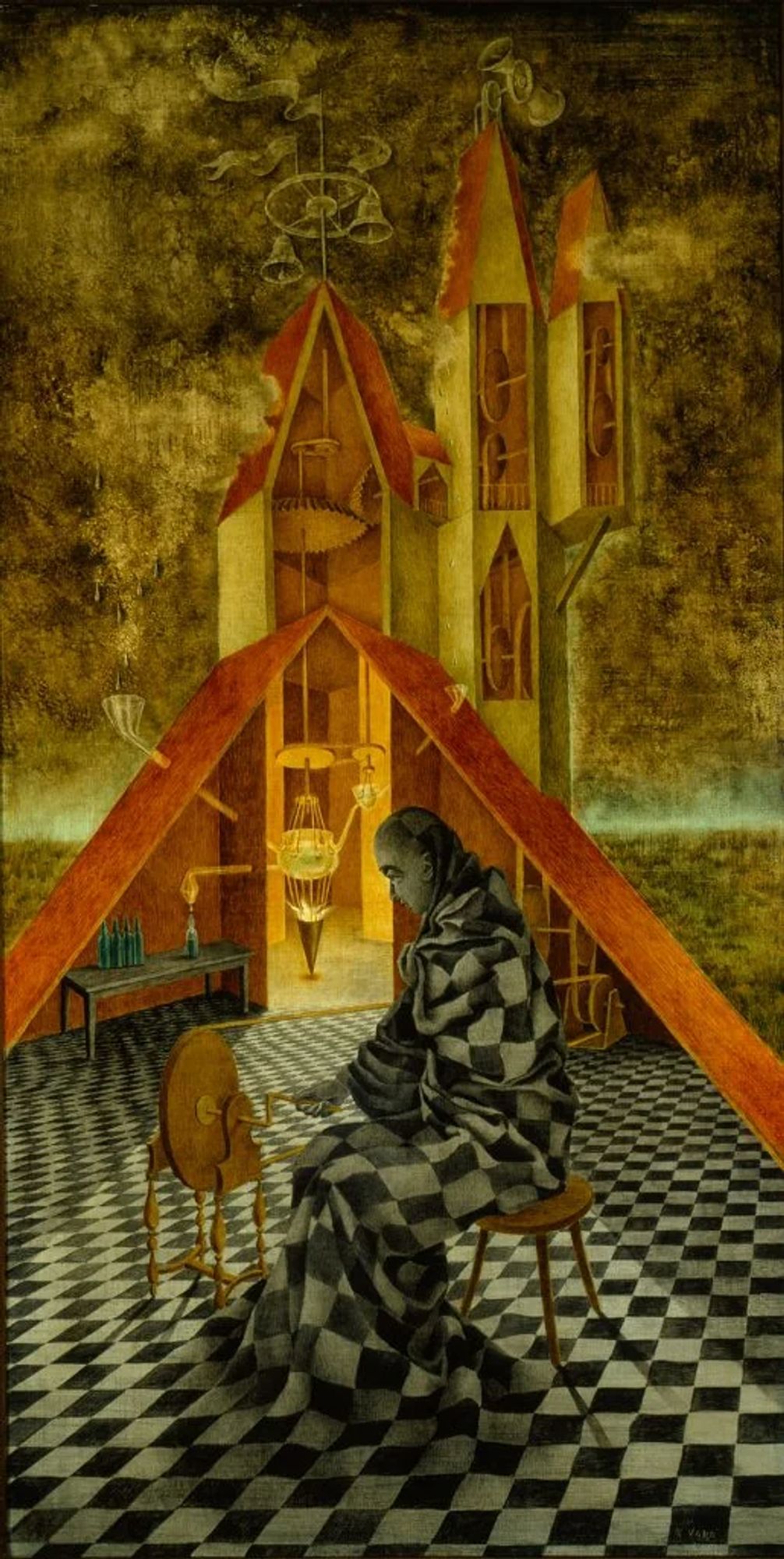 A figure draped in black and white fabric that fades into a black and white checkered floor. They turn a wheel that connects to a contraption in a house in the background. The contraption seemst o take in rainwater and distill it into small bottles.