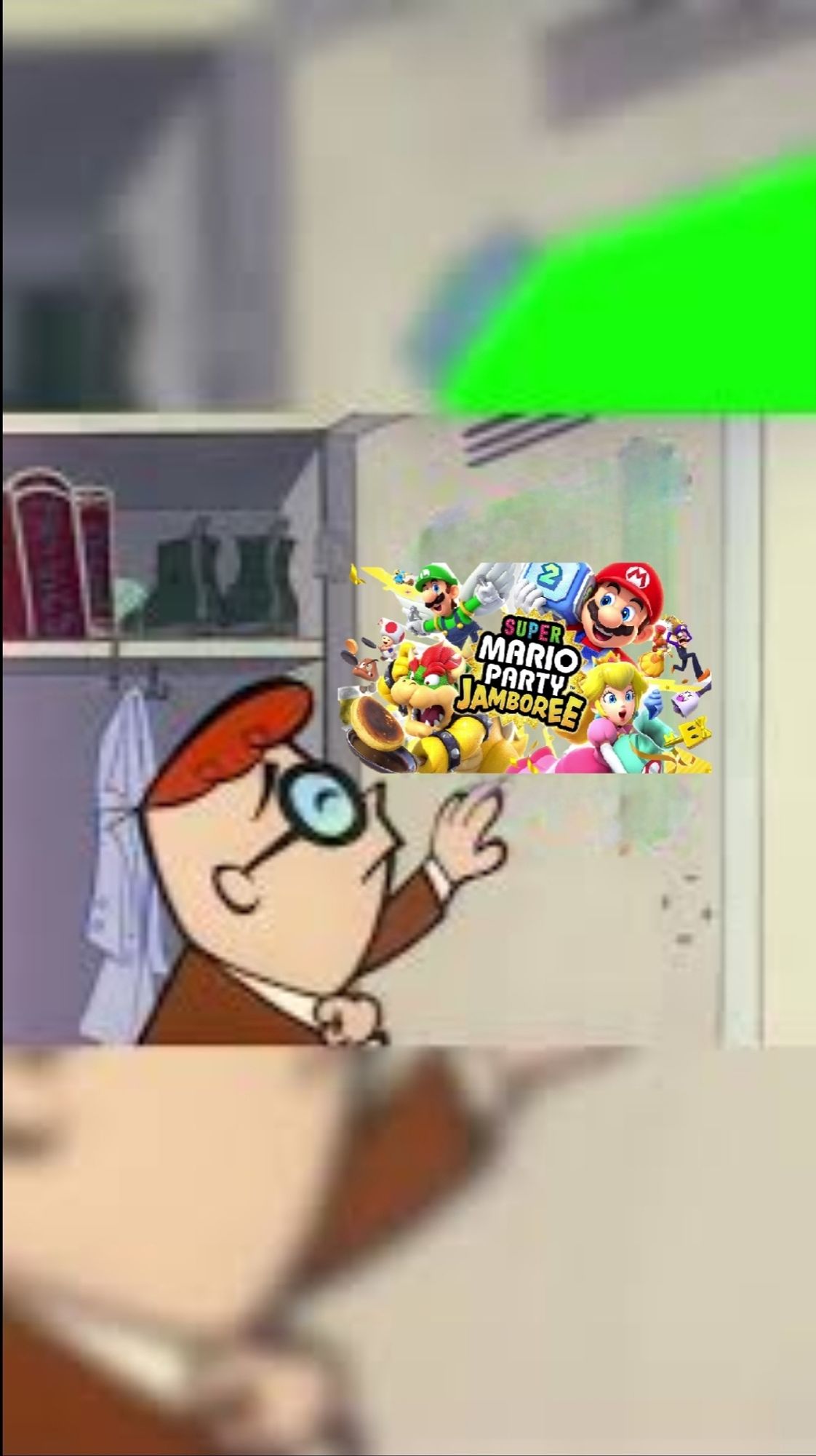 Dexter from Dexter's laboratory in a brown suit looking at his looker with a pro image of the new Mario party on it