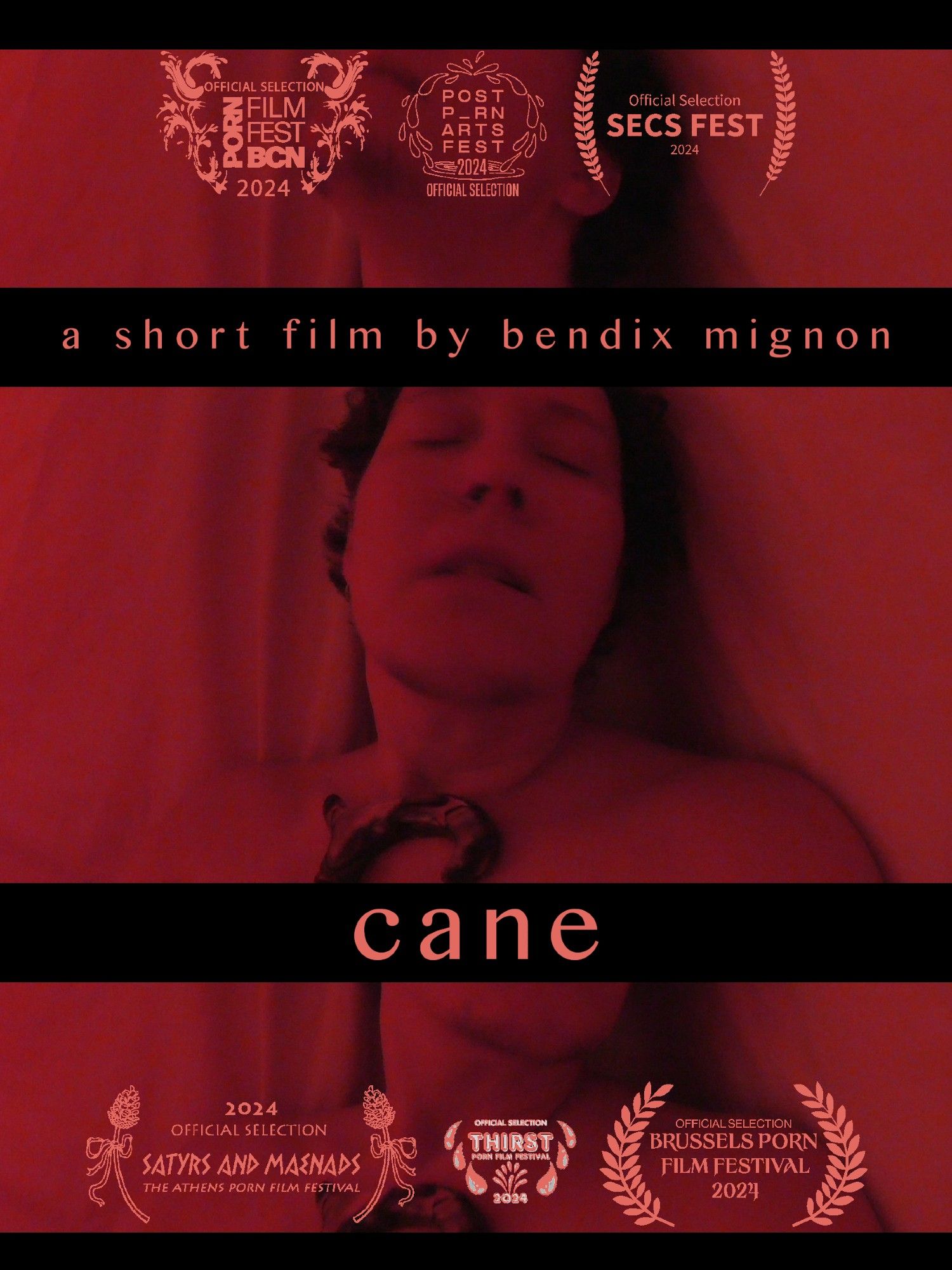 Film poster for the short film "cane" by Bendix Mignon. The poster consists of three red-coloured photos, one below the other and separated by black bars. The film title "cane" and the words "a short film by bendix mignon" are written in lighter red inside the black bars. The three red photos are stills from the film in quick succession, showing Bendix's face as it turns, and the handle of a walking stick. In the top and bottom picture, only their chin can be seen. The picture in the middle shows the whole face with closed eyes and a slightly open mouth. At the top and bottom of the poster are the laurels of the festivals that accepted the short film, namely PFF Barcelona, Post_P*rn Warsaw, SECS Fest Seattle, Satyrs and Maenads Athens, Thirst New York und Brussels PFF.