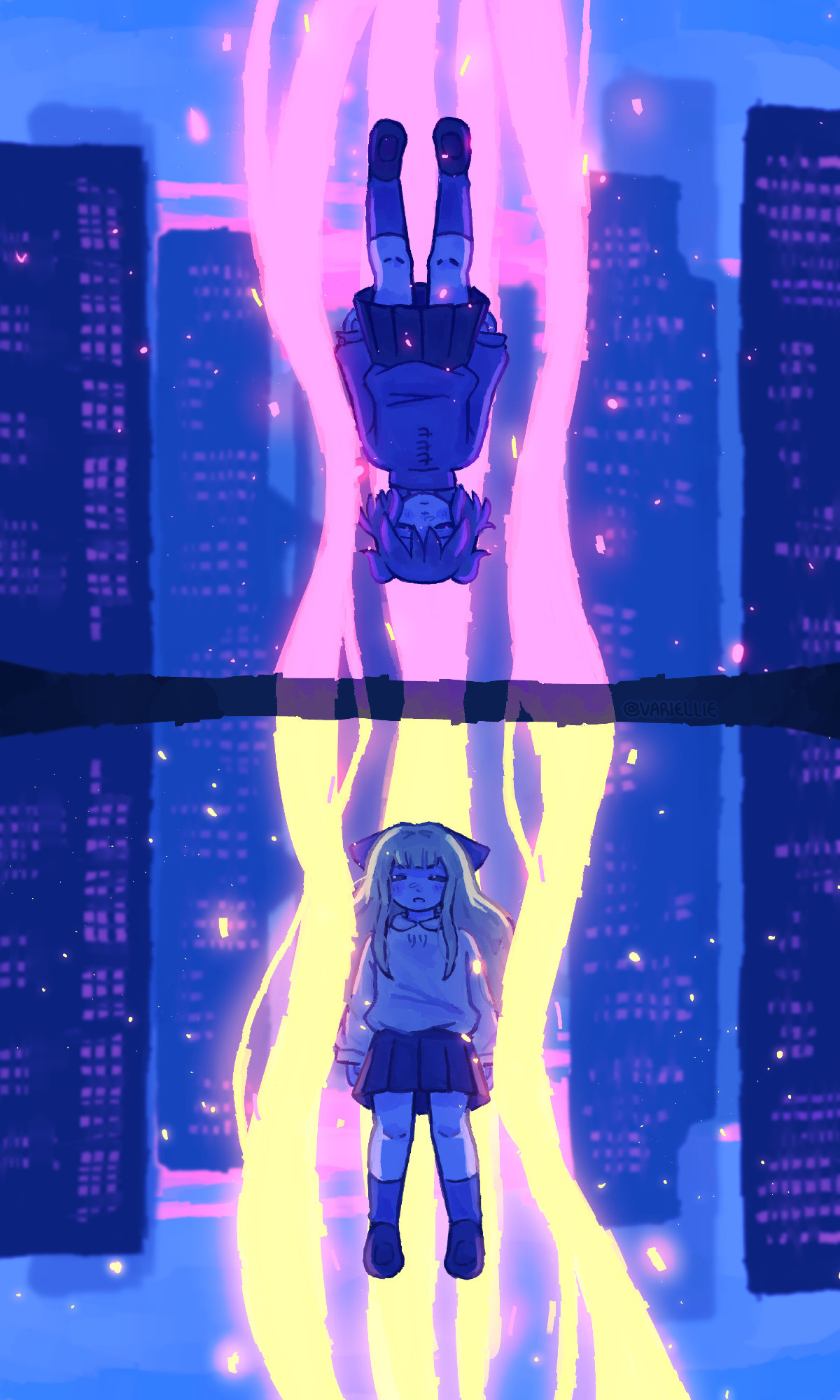 horizontally split image of two girls falling through the air with pink/yellow lights around them (reunion by harumaki gohan)