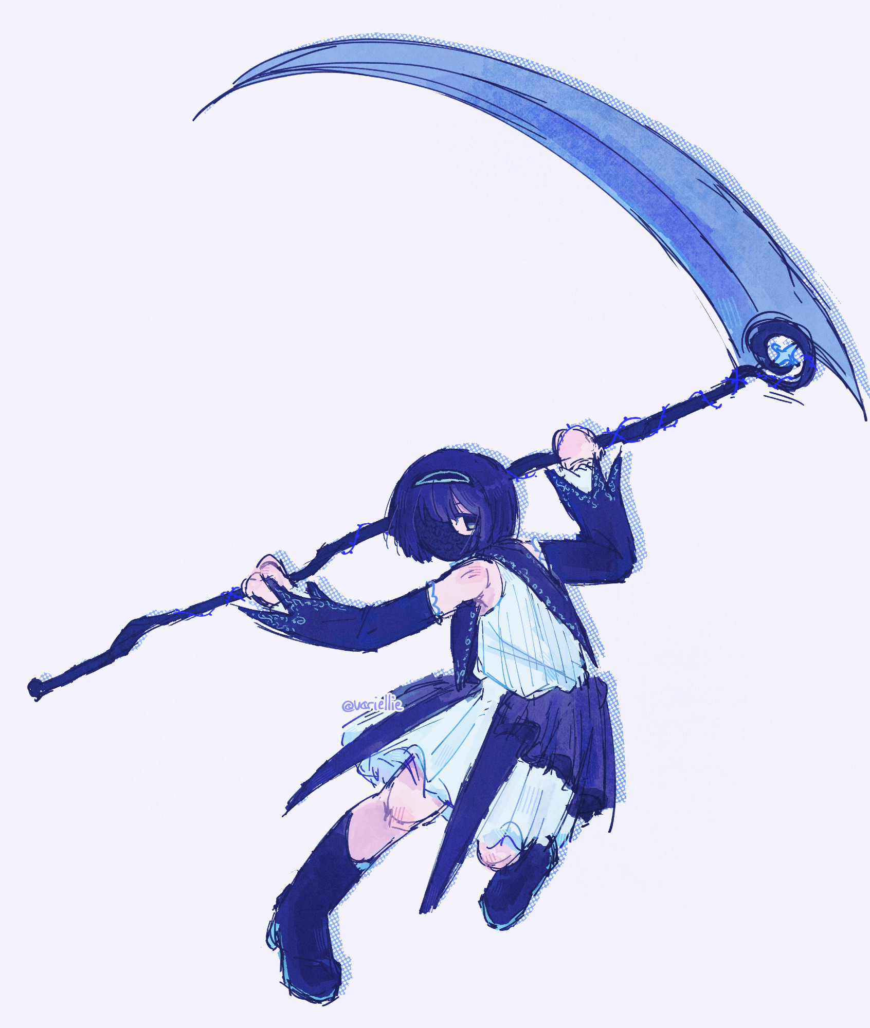 short-haired girl holding a big scythe looking like she's about to swing it
madoka magica / magical girl design of mikage from the album envy phantom by harumaki gohan