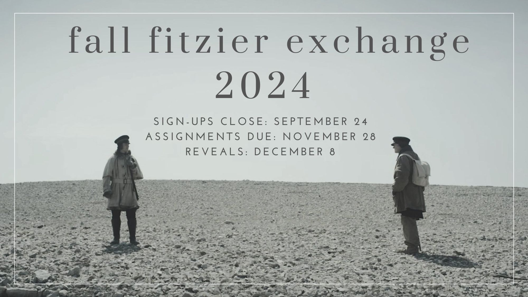 Screenshot from AMC's The Terror of James Fitzjames and Francis Crozier looking at each other across the shale. Text on the image is the event schedule.