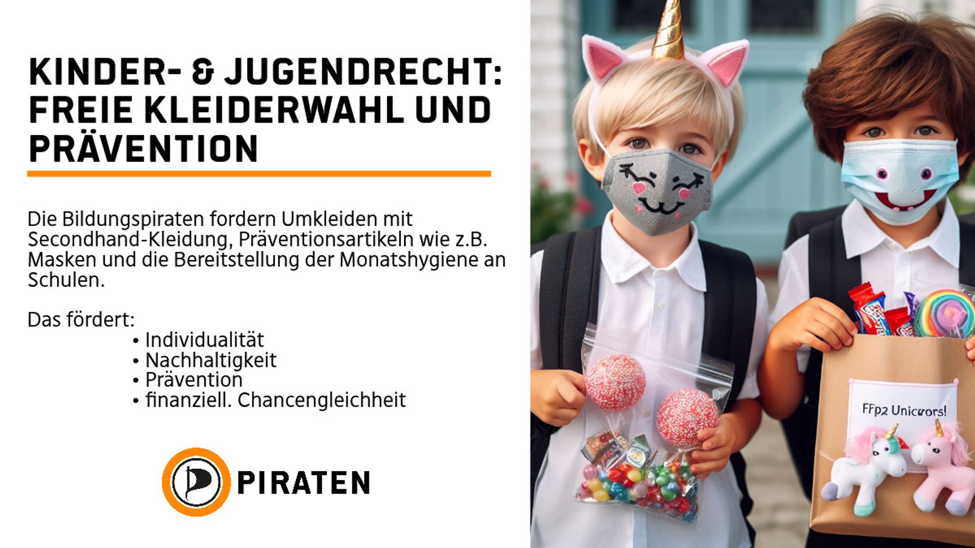 Links eine Weißblende mit folgendem Text:
Kinder- & Jugendrecht:
Freie Kleiderwahl und Prävention         

Die Bildungspiraten fordern Umkleiden mit Secondhand-Kleidung, Präventionsartikeln wie z.B. Masken und die Bereitstellung der Monatshygiene an Schulen. 

Das fördert:
                    	 • Individualität
                     	• Nachhaltigkeit
                     	• Prävention
                     	• finanziell. Chancengleichheit
Logo der Piratenpartei Deutschland PIRATEN

Rechts ein Bild von Kindern mit bunten FFP2-Masken /bunten OpMasken und Einhorntüten mit Süßigkeiten. 
Das linke Kind trägt Katzenohrenhaarreif mit einem goldenen Horn.