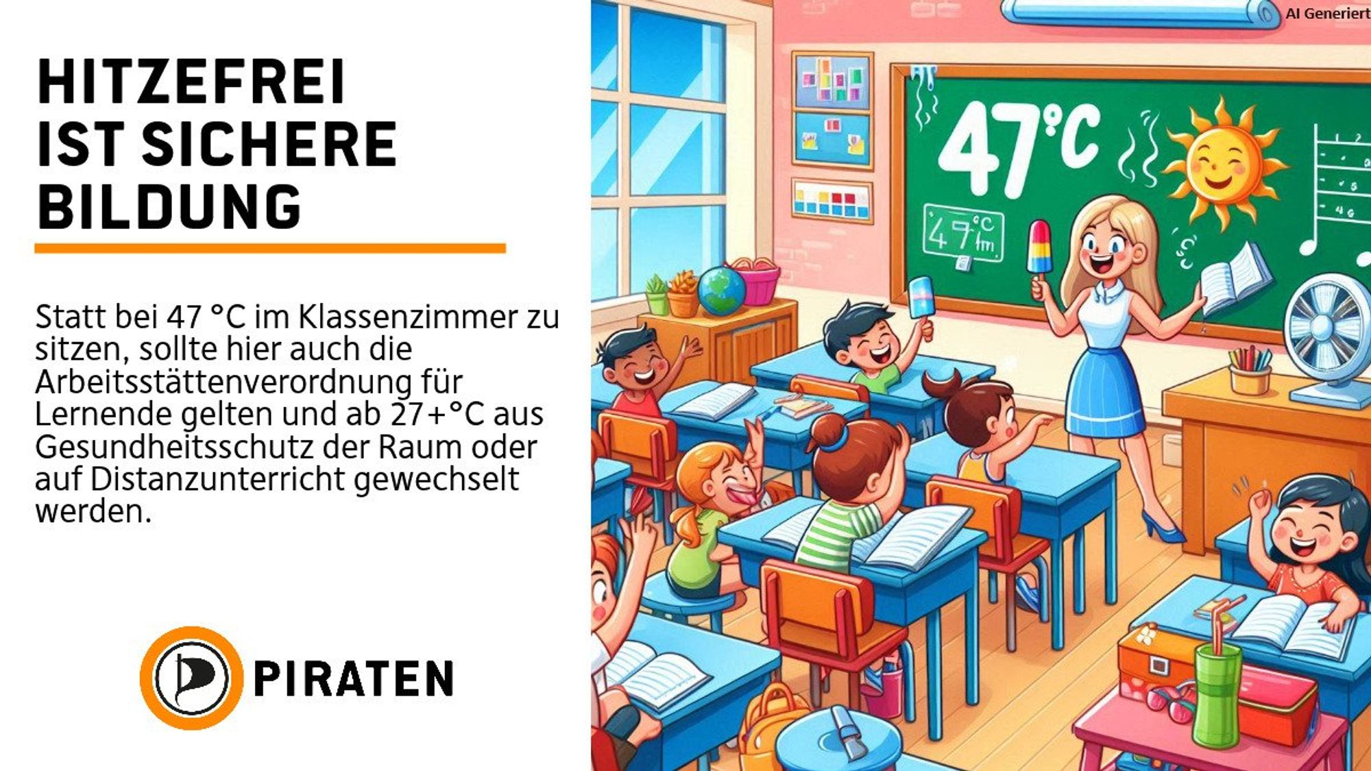 Links eine Weißblende mit folgendem Text:
Hitzefrei ist sichere Bildung
Statt bei 47 °C im Klassenzimmer zu sitzen, sollte hier auch die Arbeitsstättenverordnung für Lernende gelten und ab 27+°C aus Gesundheitsschutz der Raum oder auf Distanzunterricht gewechselt werden. 
Und darunter dem Logo der Piratenpartei. Ein Schwarzes P förmiges Segel mit Schwarzen und breiterem Orangenem Ring und dem Schriftzug Piraten darunter.

Links daneben ein AI generiertes Bild, wo Kinder bei 47 °C im Klassenzimmer ein eins schlecken und sich fleißig melden.