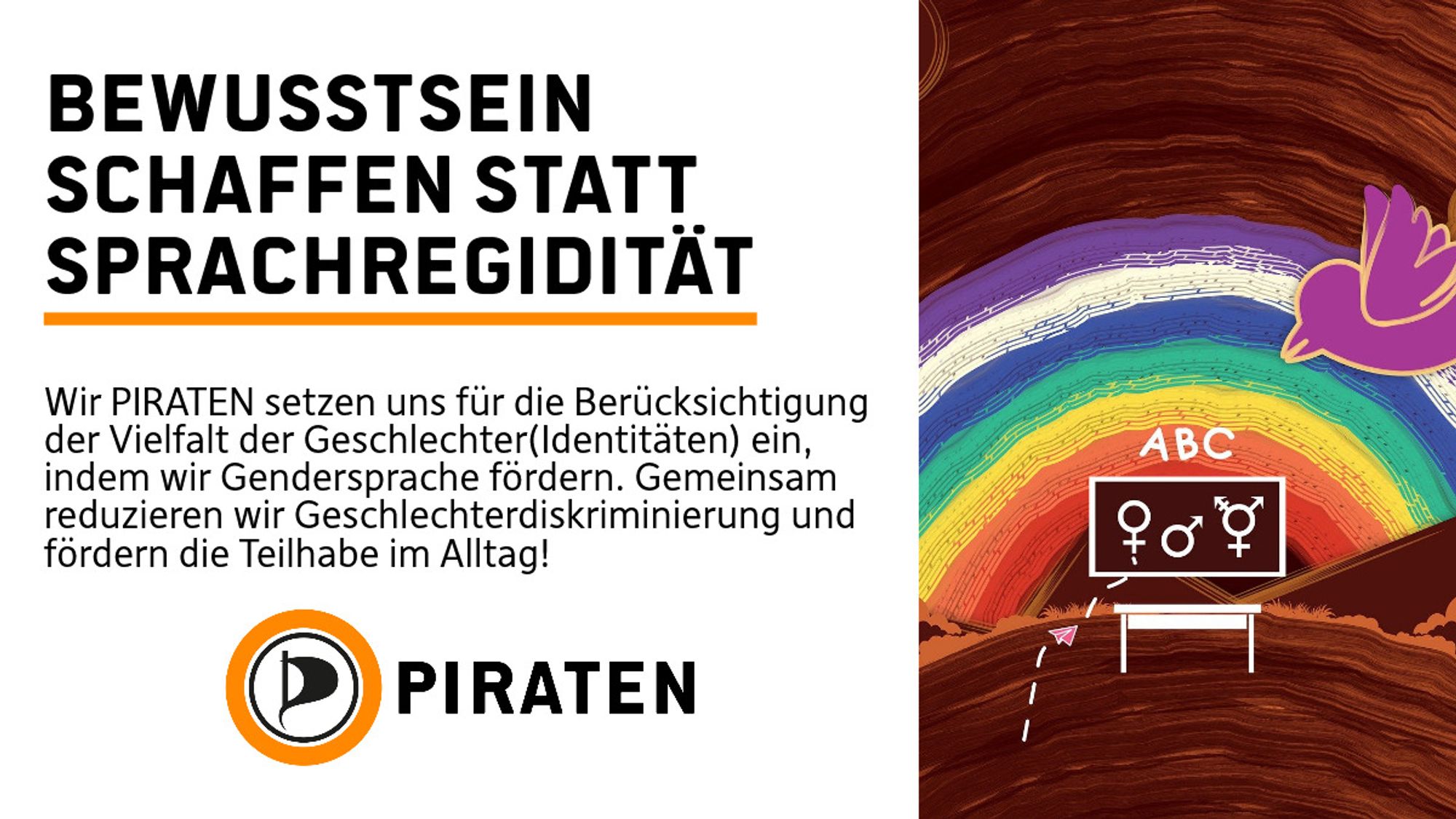 Rechts sieht man ein Morgenaufgang mit Regenbogen, rosa Vogel und einer ABC Tafel, mit der die verschiedenen Geschlechter erklärt werden.
Links ist eine Weißblende mit folgendem Text:
Bewusstsein schaffen statt Sprachrigidität
Wir PIRATEN setzen uns für die Berücksichtigung der Vielfalt der Geschlechter(Identitäten) ein, indem wir Gendersprache fördern. Gemeinsam reduzieren wir Geschlechterdiskriminierung und fördern die Teilhabe im Alltag!