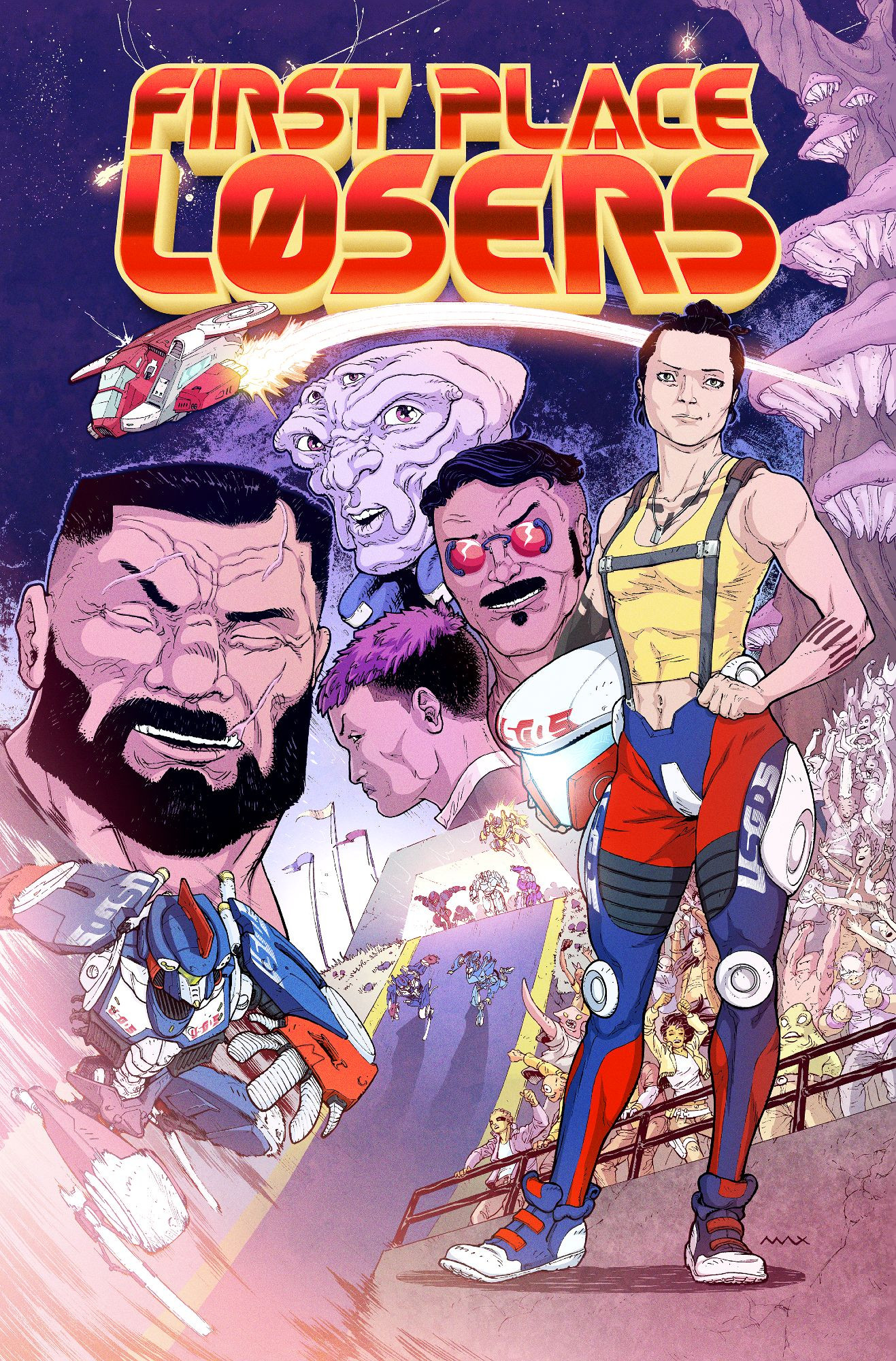 Protagonists and antagonists litter the cover illustration for First Place Losers issue 1. A carry-all streaks over the logo, and a racing mech dashes into the foreground in the bottom-left.