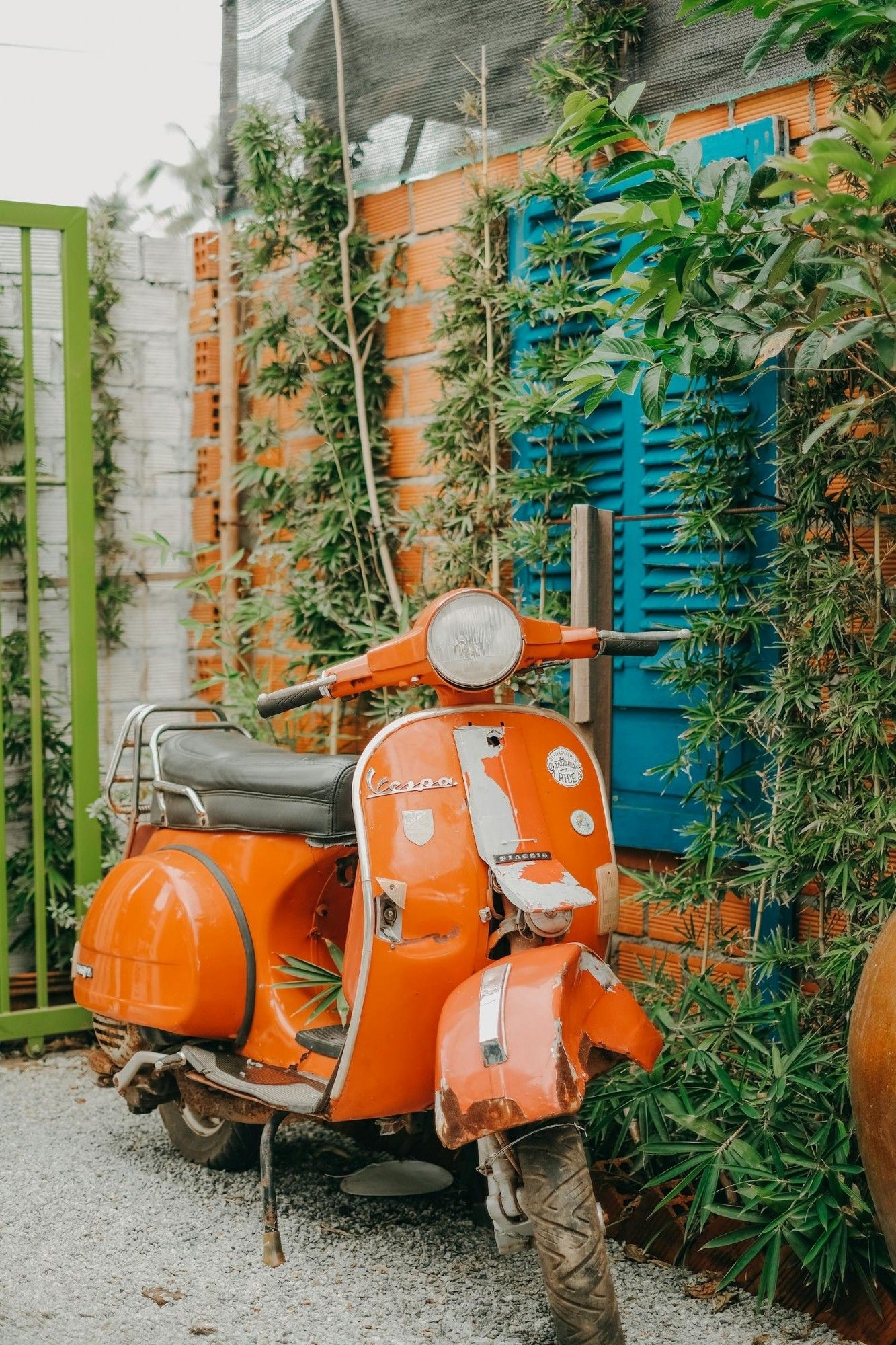 A closed window in blue turquoise wood on an orange brick wall, with green plants growing in an anarchic way.
In front of the window is parked an old damaged orange Vespa.
📸: Pew Nguyen.