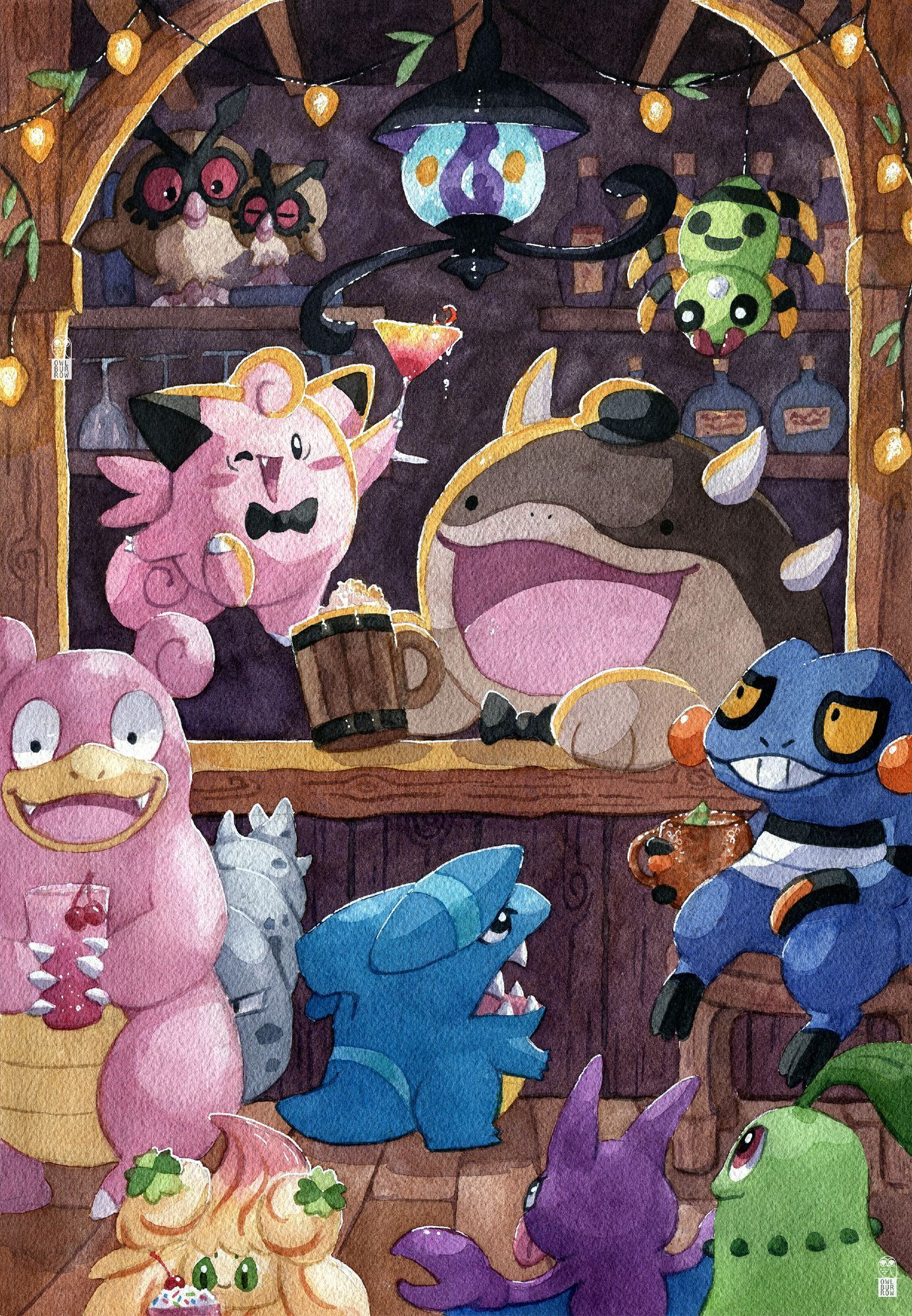 A watercolor painting of a crowded scene at a Pokemon tavern. It is a dark, rustic tavern made of wood. Clodsire and Clefairy are behind the bar, while Lampent hangs overhead. Many Pokemon are waiting in line or enjoying their drinks.