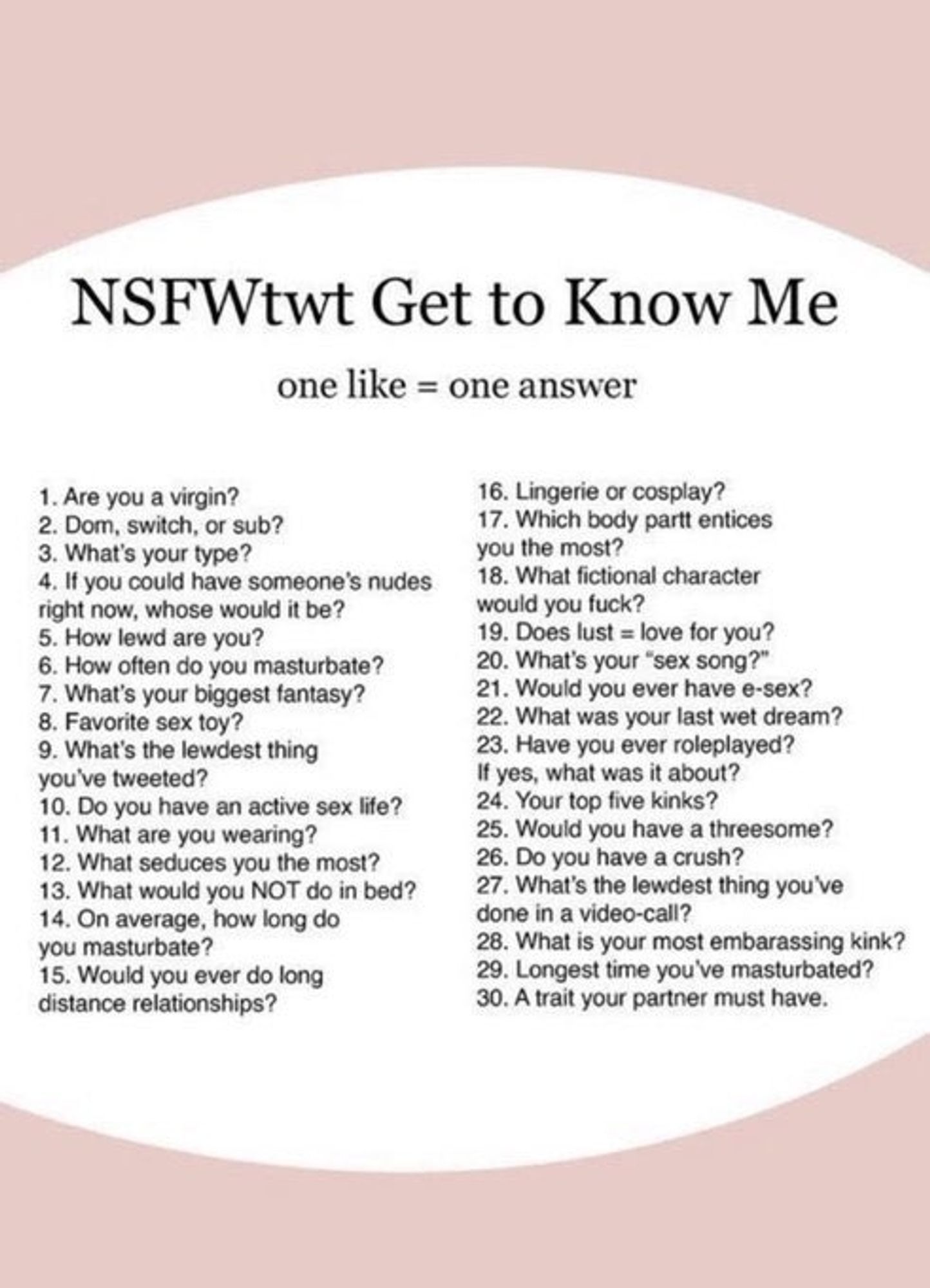 N.S.F.W.t.w.t. Get to know me.

One like = one answer.

Each of the 30 questions will be included when answered