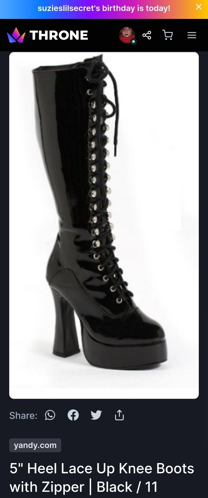 A screenshot of Suzie's Throne wishlist showing a black, knee-high, lace up high heeled boot