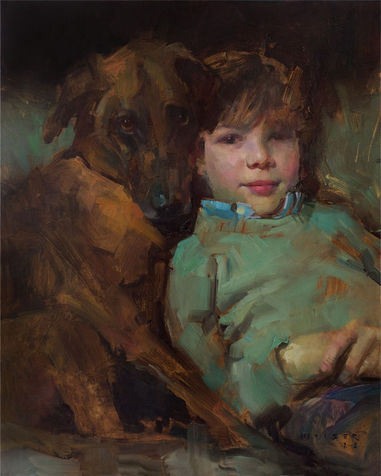 A boy with a dog, sitting