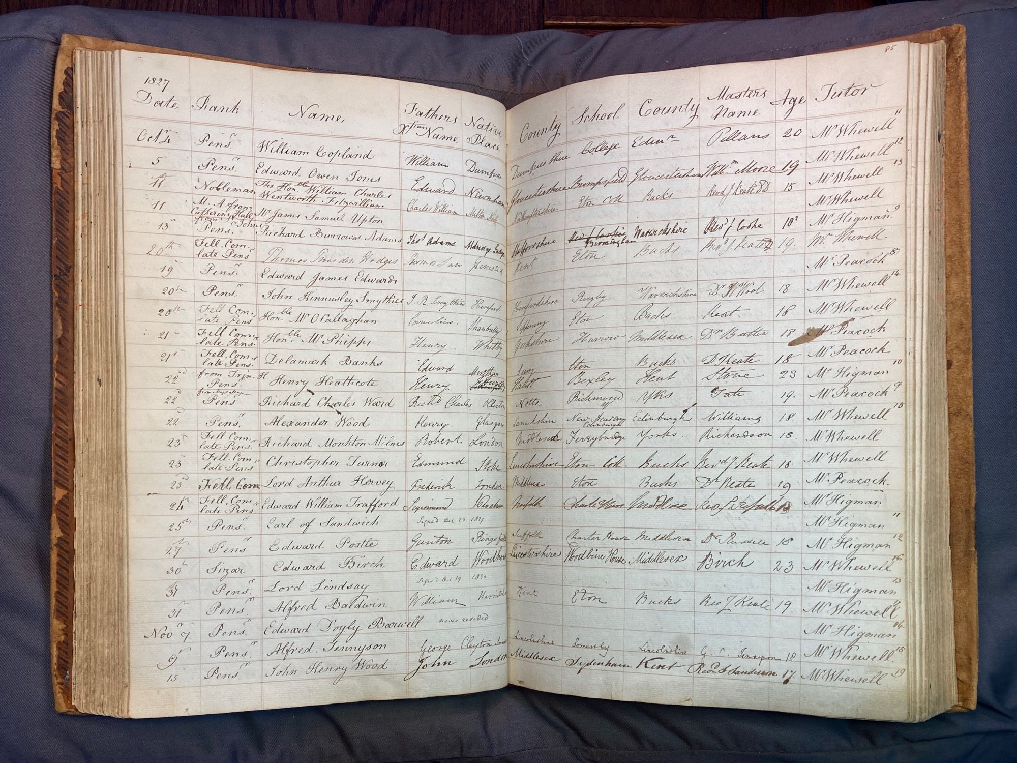 Trinity College Admissions Book: some entries from 1827, including that of Lord Alfred Tennyson, who matriculated at the age of 18.