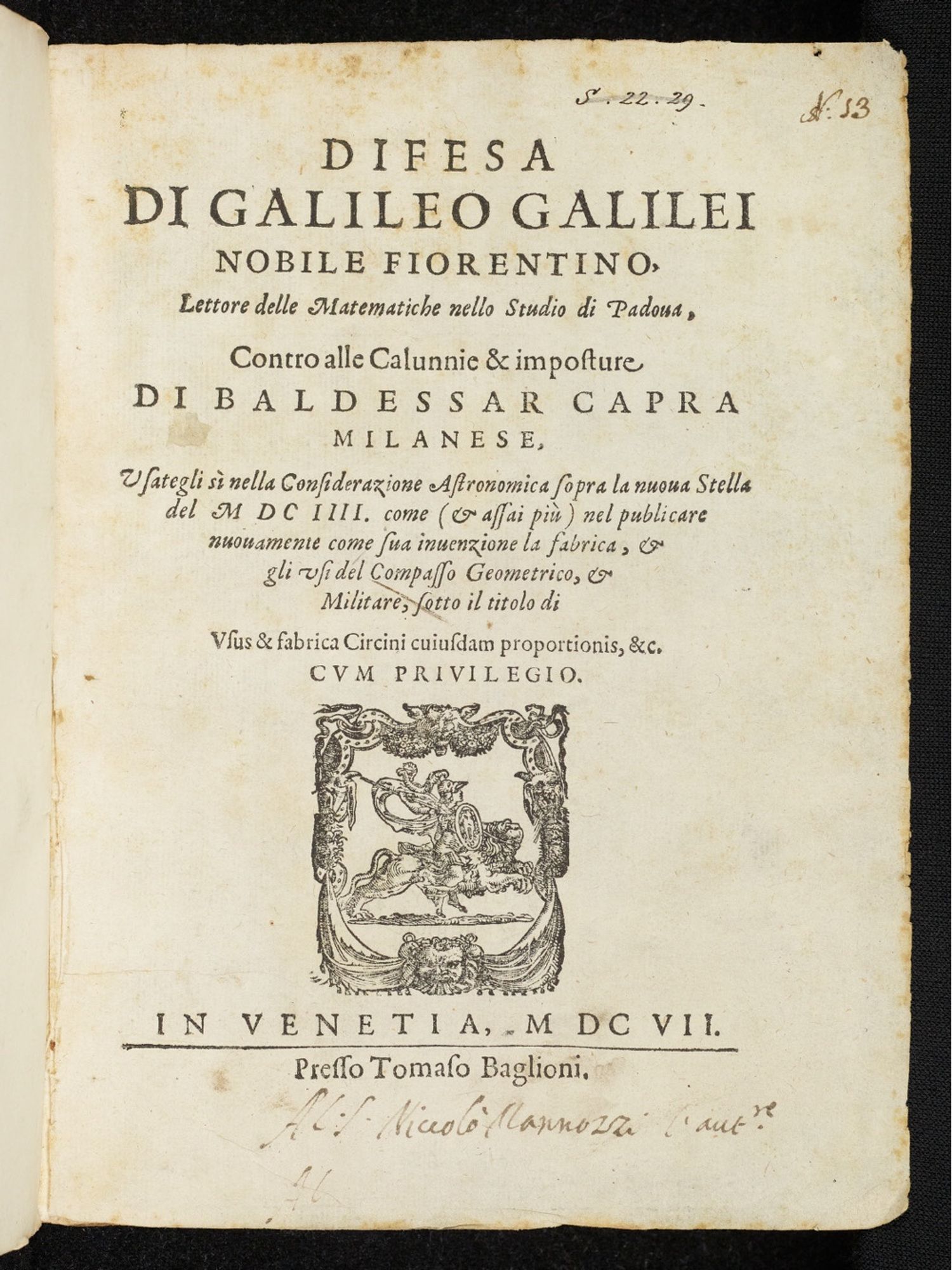 Full title page of Galileo’s ‘Difesa di Galileo Galilei’ (1607).