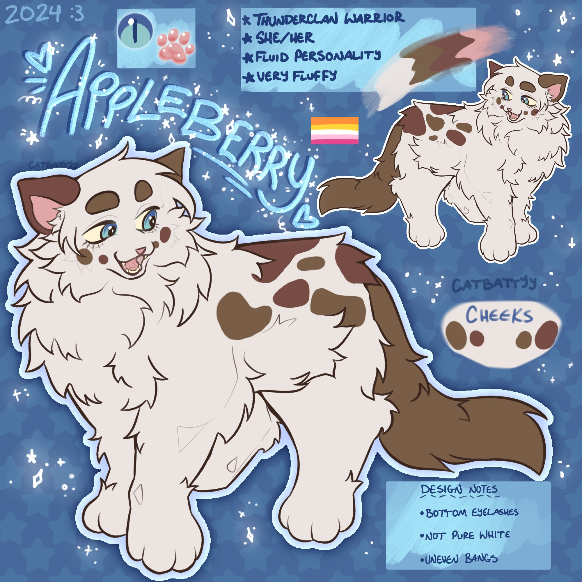 reference sheet of my warriorsona appleberry, a white cat with red and brown splotches