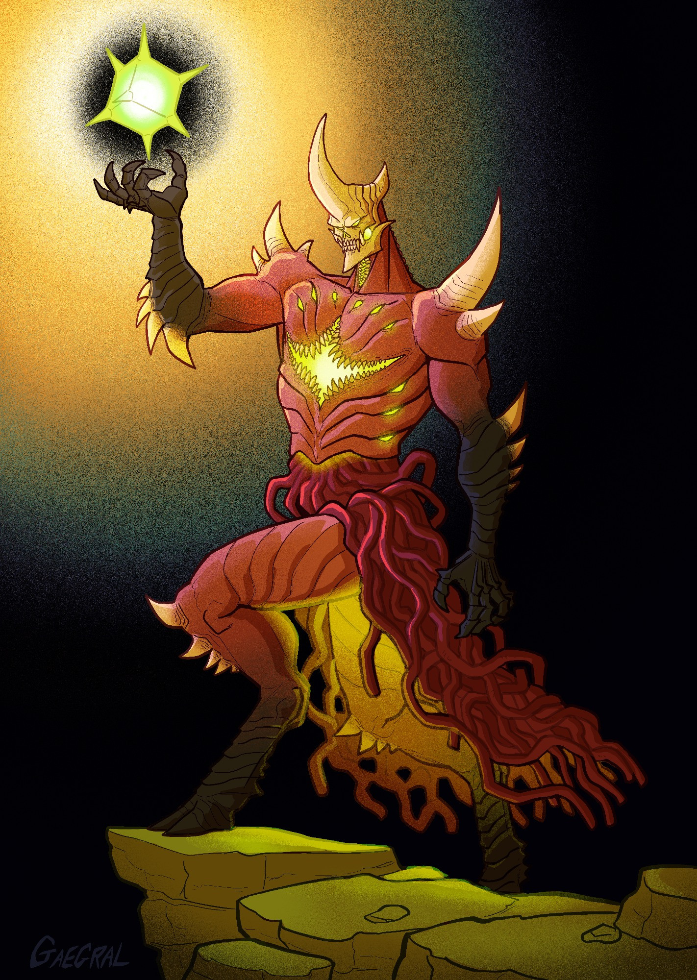 The Hellish Baron of the Six Eyed Royalty now seeks for promising inheritors of their demoniac domination legacy, due to a severe dissolution of noble blood within the Regal's brethren, on it went on the hunt for potential tyrants deserving of the sanguine embrace followed by transcendental apotheosis. Knowing that its noble blood was not only attractive to those barbaric Hunters of Phobos, but even the savage generation of Grotesques and Chimeras now resulting from this barbarous era. The Wasteland needed a true sovereign to impose order, physically and metaphysically, but fine candidates were scarce. The Demons of this age, even the mightiest Behemoths and fiercest Chimeras were pathetic in comparison to their predecessors. 

This Baron used to pledge loyalty to godly Demons capable of reshaping the land to their very likeness! Sadly, the spawn of the Nightmare Above, coagulated cosmically under the tempering gravity of this planet, reflect the collective subconscious of the dominant sapience, and the rule of nature in this current millennium was one of brutal hunting, killing and harvesting. Callous consumption and aimless evolution, egregious expansion and appalling ambitious from this mutated mankind! The Baron needed to play its pieces on the board of existence cautiously. While primitive, these dismal Demon Slayers shouldn't be underestimated. They are experiencing a blood-drought brought upon themselves for that very voracious ruthlessness to exploit its kind for their own aggrandizing passions.

Perhaps, this infamous Conquering Chimera, Samiginus Samigila, had the perfect balance of gullible and resourceful that the Baron could guide, cultivate and direct like a missile against that shielding citadel of Phobos splitting this precious wasteland in half.   