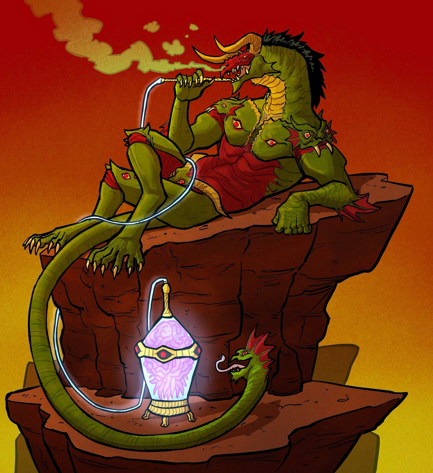Its vulgarly vile hearts roared, from a leonine pectoral maw, reflecting prideful ferocity, thus invoking a whirlwind of putrid flesh peeling wind, a torturous tornado to ravage the wastes. Its horned shoulders gazed at the starts, calling forth a meteoric deluge, a hail of coagulated Bloodlight crystals. Its pelvic mandibles bellowed beastly, exhaling noxious fumes, thus imbuing the terrifying twister with viridian baneful fires and dark miasma; the summoned cosmic hail joining the cruel air currents like flying shrapnel. The cunning tail cackled and spat torrents of venom into this growing spell storm, adding an abominable toxicity to its harrowing winds. Standing only for a moment, stomping as the heads on its thighs croaked grotesquely, beckoning hell quakes that cracked the hunting grounds of the Dismal Lands; carving a corridor of eroded soil for this elemental chimera to traverse the wastes through, maintaining its shape. Leaning back to smoke more gaseous Phlegm and admire its work. The beast raised by conquest, shedding its mortal bindings. 

Terrible in its splendor, horribly divine in its acquired power. The Eternal Hunt will never be the same when the Chimeric Conqueror devourers all. Its power begets jealousy in rivaling Demon Tyrants of Dismalia. The terror inflicted begets hate in the hearts of the Demon Slayers. Generations of Demons and Slayers scarred by its presence. Its fiendish progeny festers freely as its horde of Chimera Riders grows. Coiling its ophidian form around humanity's walls, coiled around their very lives, their precious hunt. The Chimera's gaze is everywhere. To oppose its conquest is to perish. Alas, no Slayer will go down without a fight. Much blood is left to be spilled. Death to the Conquering Chimera! Death to the Tyrant! Thus decreed the Hunting Guilds of Phobos, demanding the deadly demise of this defiler Demon. 