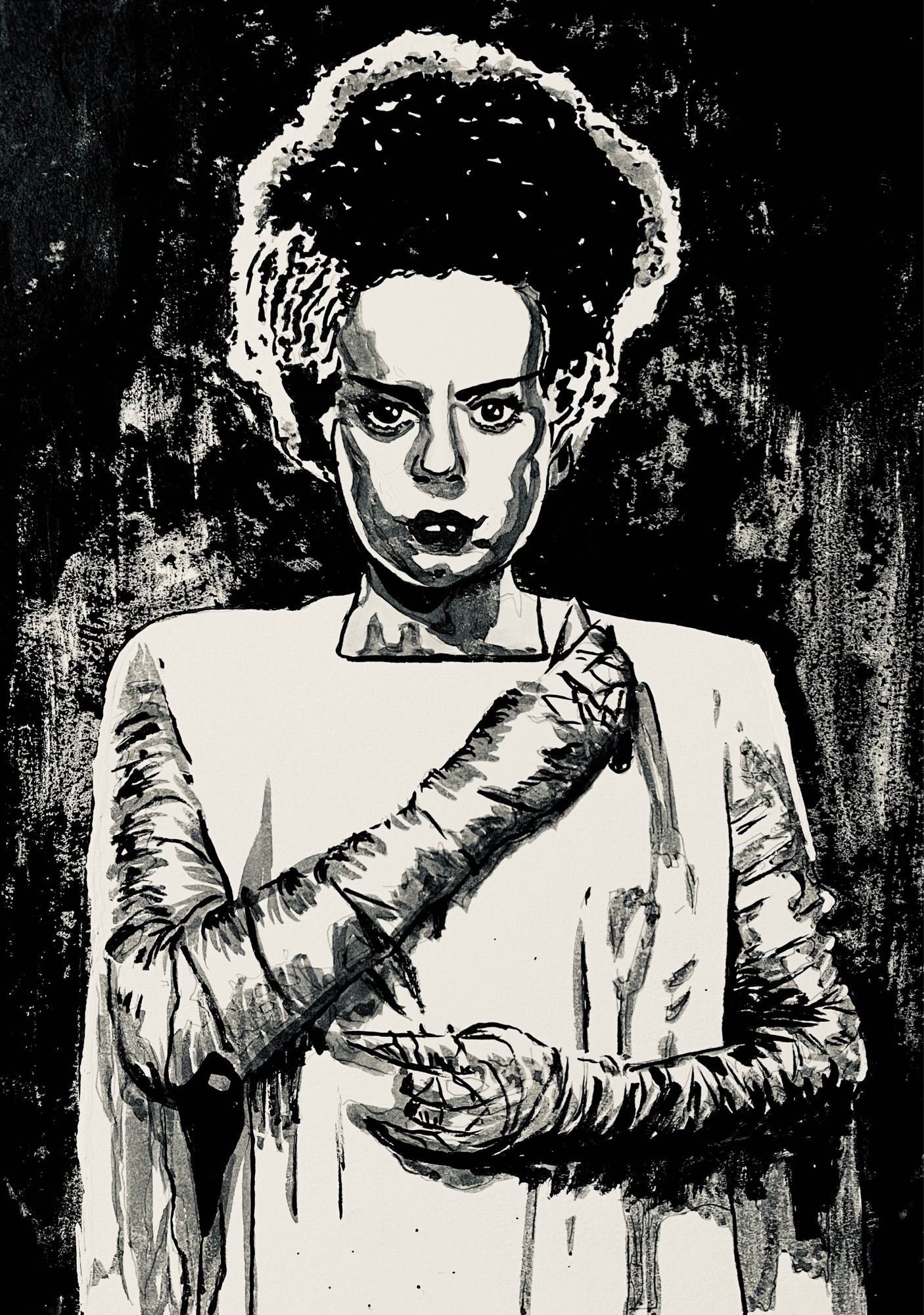 My drawing featuring Elsa Lanchester as The Bride of Frankenstein from the 1935 film.