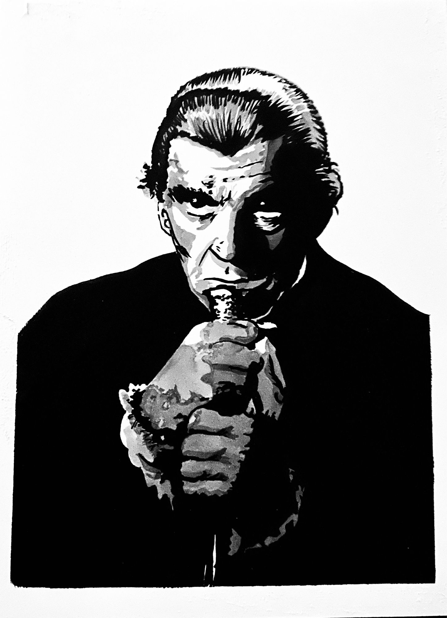 Black and white pen and ink drawing of Boris Karloff from the movie Bedlam looking all scary