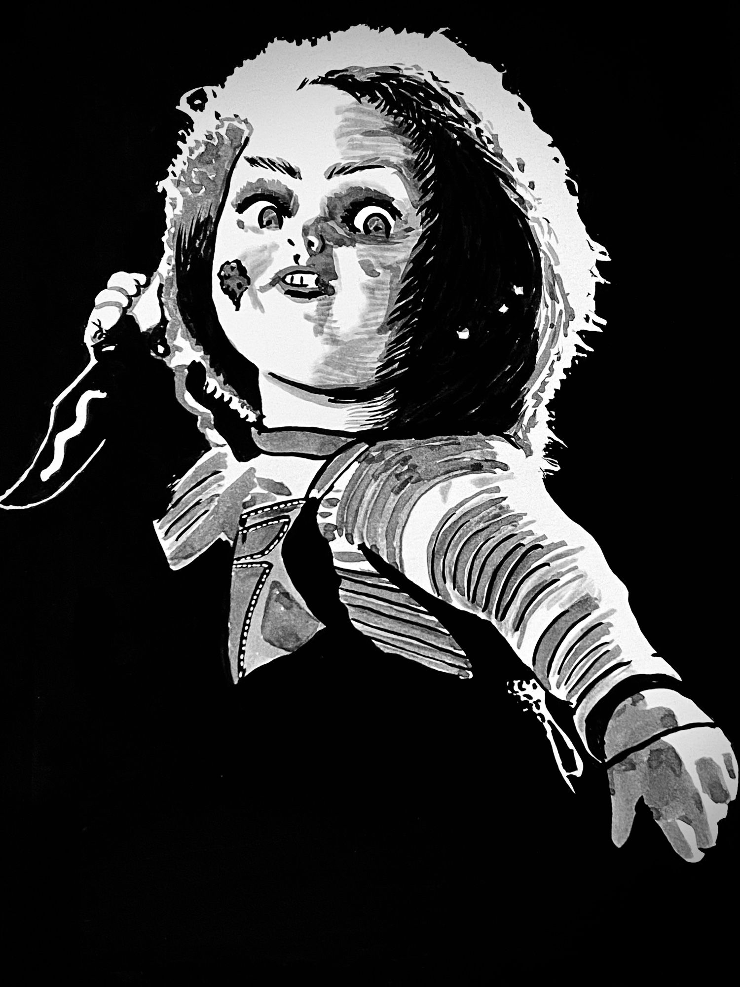 Black and white pen and ink drawing of a nice doll Chucky holding a knife from the movie Child’s Play