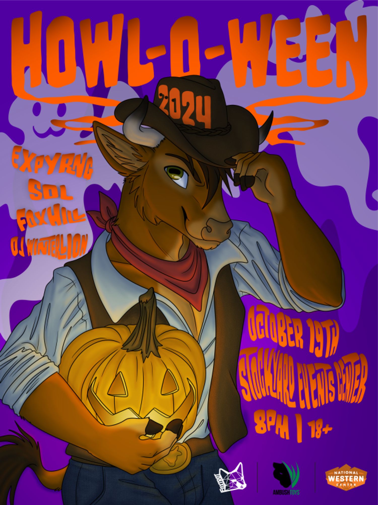 An anthro bull dressed as a cowboy and holding a jack-o-lantern in front of a purple background with two ghosts on it, accompanied by bright orange text providing event details