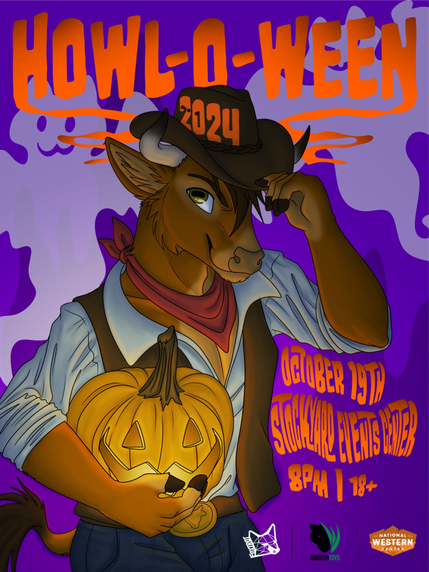 On a purple and white background featuring ghosts, a bull dressed like a cowboy holding a pumpkin. Text about the event and sponsor logos are also present.