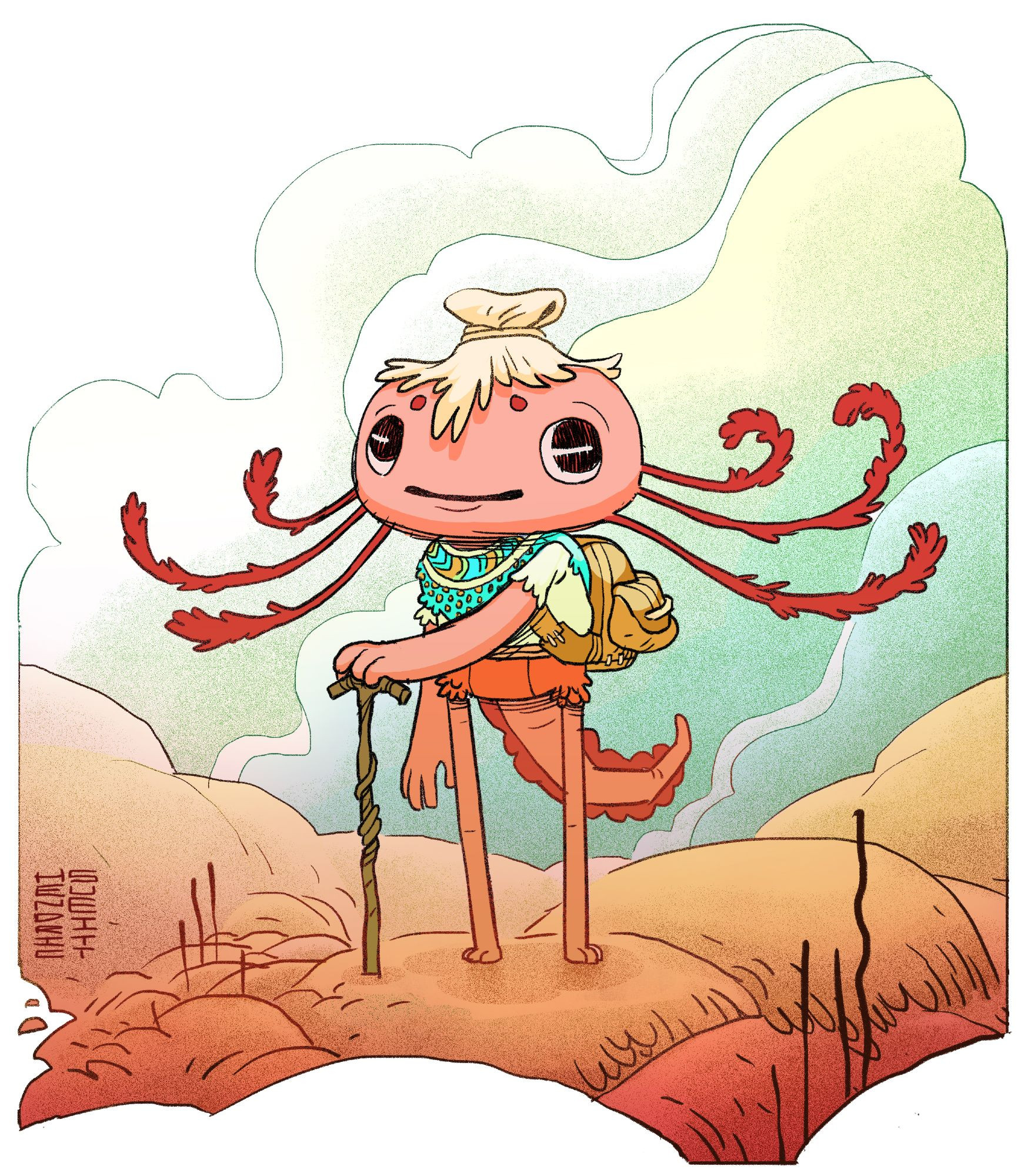 A digital drawing of a smiling Axlotl holding a walking stick and wearing a hat, backpack, shirt and shorts. There is some clouds in the sky and big stones in the floor.  Looks like she is heading for an adventure.