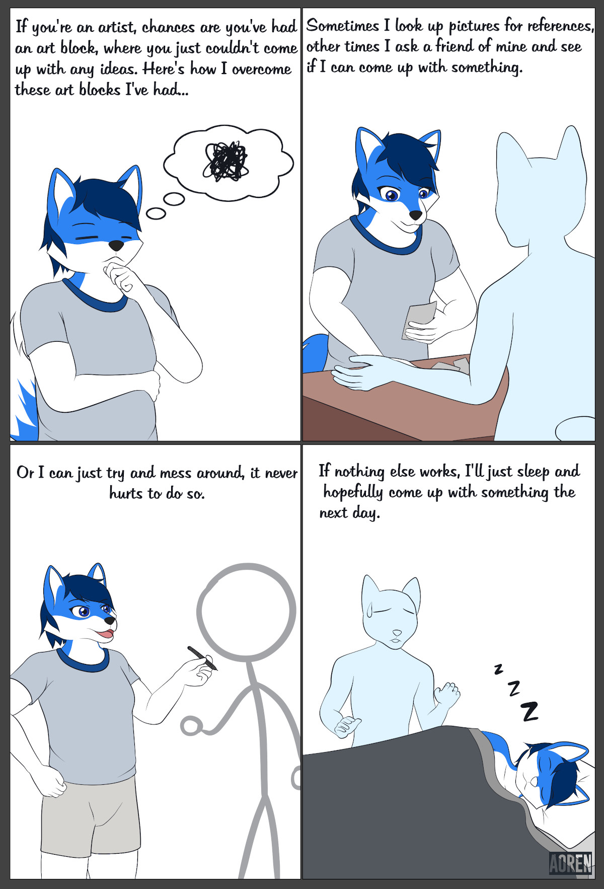 A blue fox OC, Aoren, describes how to overcome art block in a comic strip that parodies the infamous loss meme