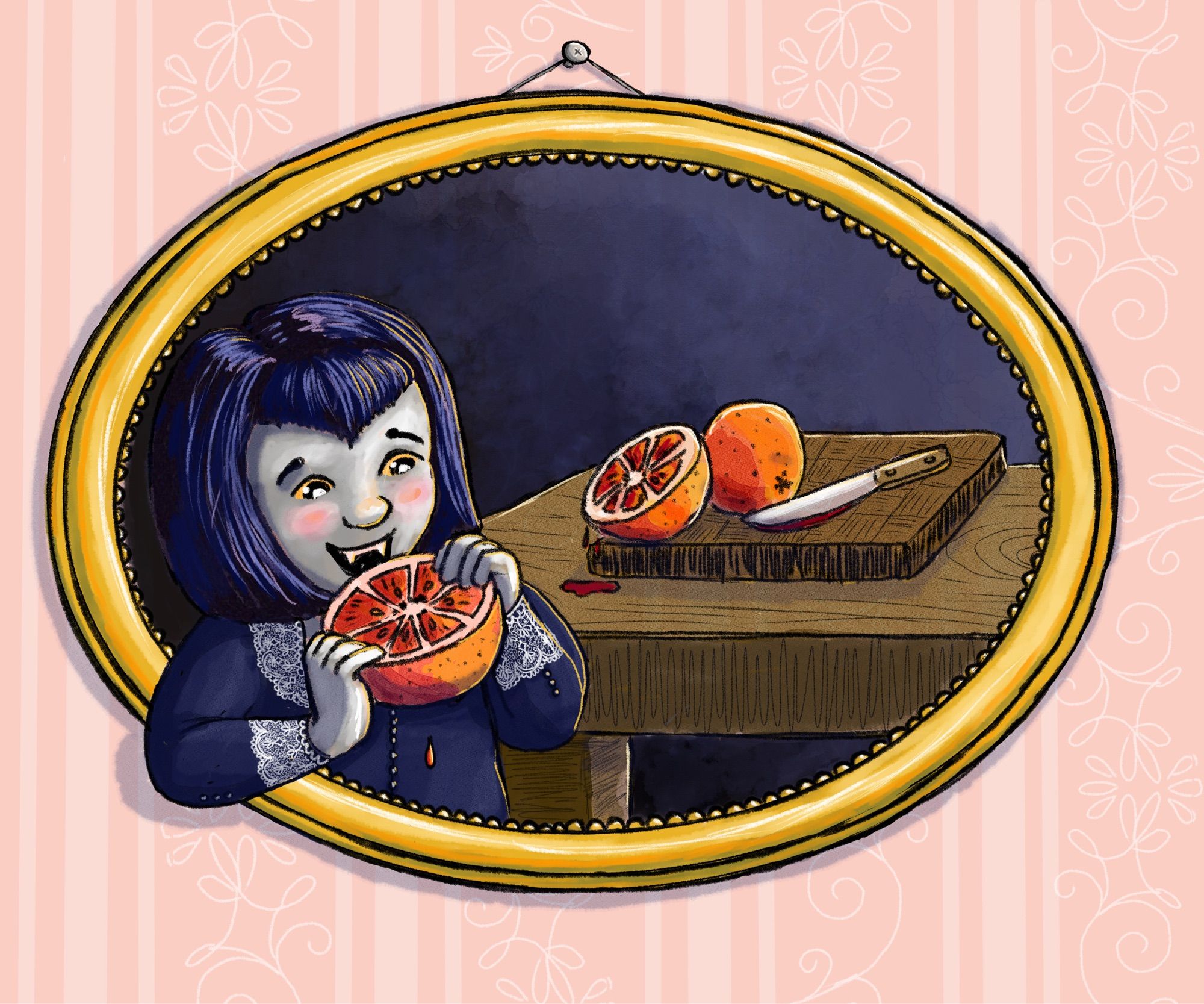 A vampire girl about to sink her fangs into a blood orange.