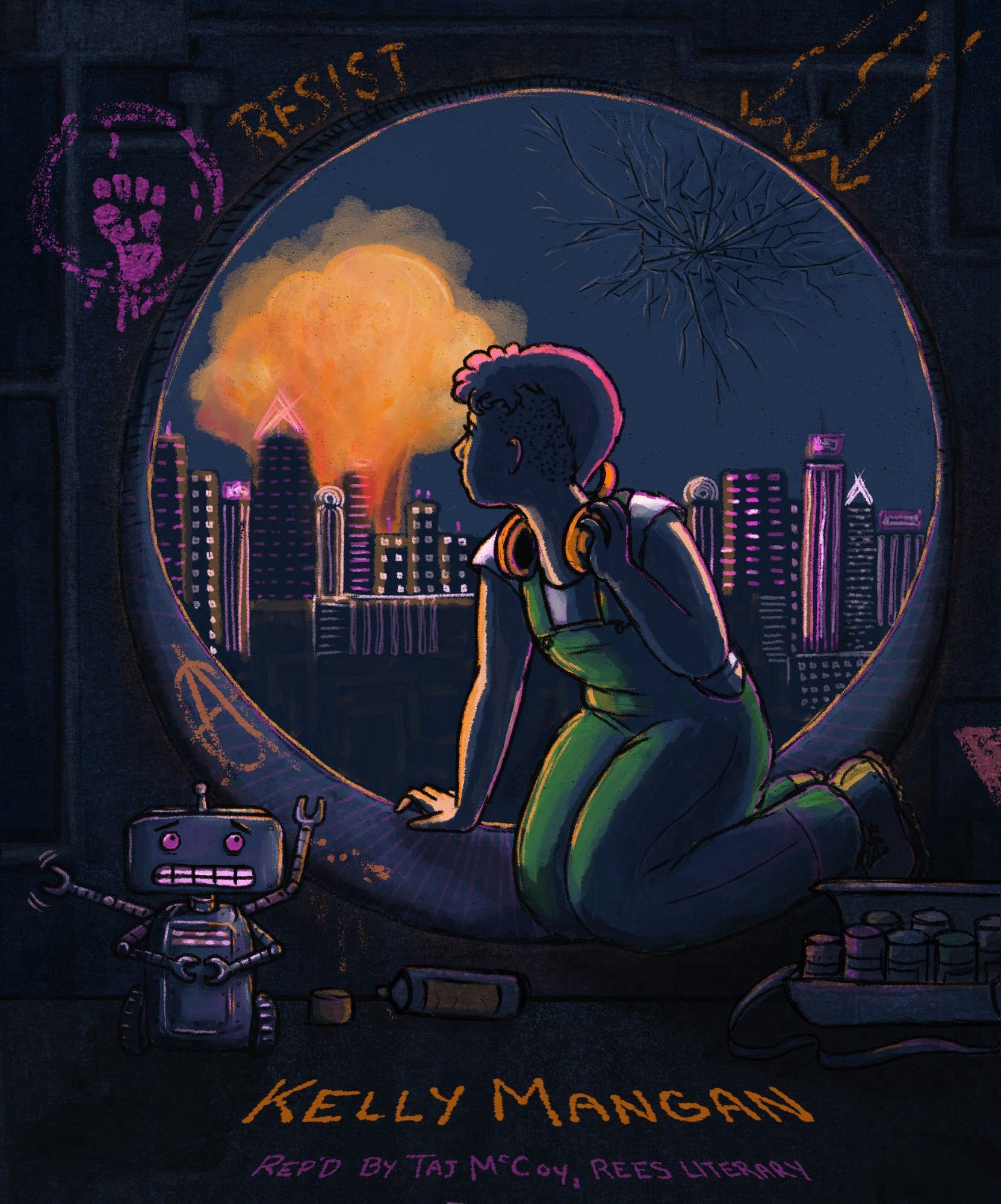 Tween/teen graffiti artist with short pink hair and green overalls is sat in a circular window, looking over their shoulder at a fiery explosion happening in the distant cityscape. In the foreground a very nervous robot friend is frantically waving his arms, trying to get their attention. Text: Kelly Mangan. Rep’d by Taj McCoy, Rees Literary.