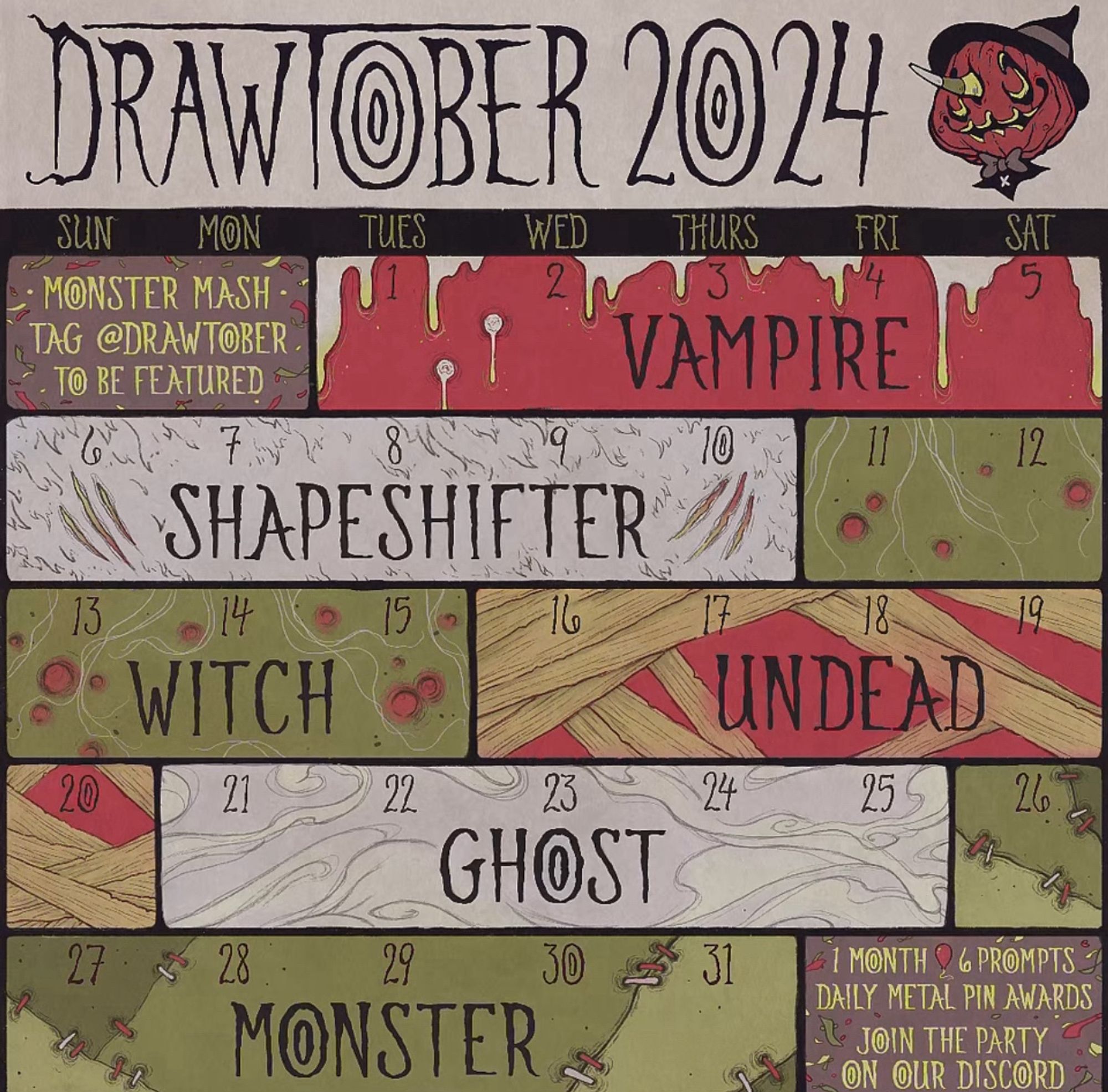 The official Drawtober prompts for the month. Prompt for Oct 1-5 is Vampire.