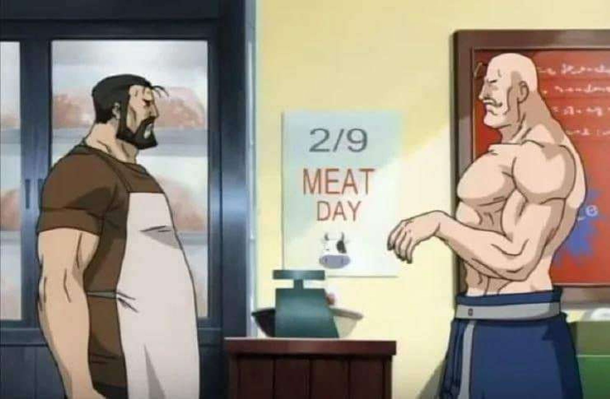 Screenshot from Fullmetal Alchemist Brotherhood. Two muscular men stare at each other in profile across the composition horizontally. Between them on the wall, a sign reads "2/9 MEAT DAY"