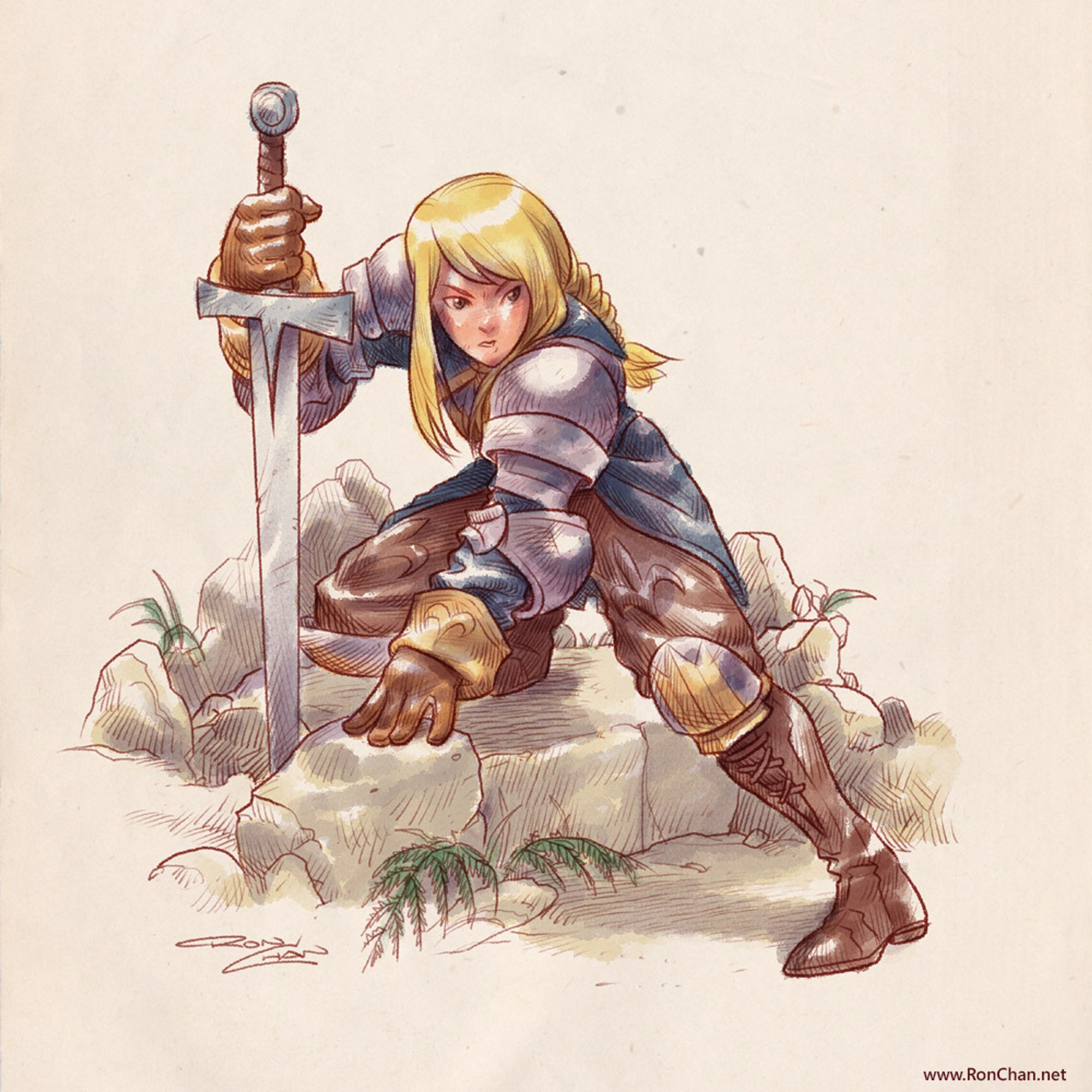 Color sketch of Agrias Oaks from Final Fantasy Tactics. She is a knight in armor of mixed metal plates, brown leather, and blue cloth. She has long blonde hair tied into a thick braid, and she couches down leaning on her sword with one hand.