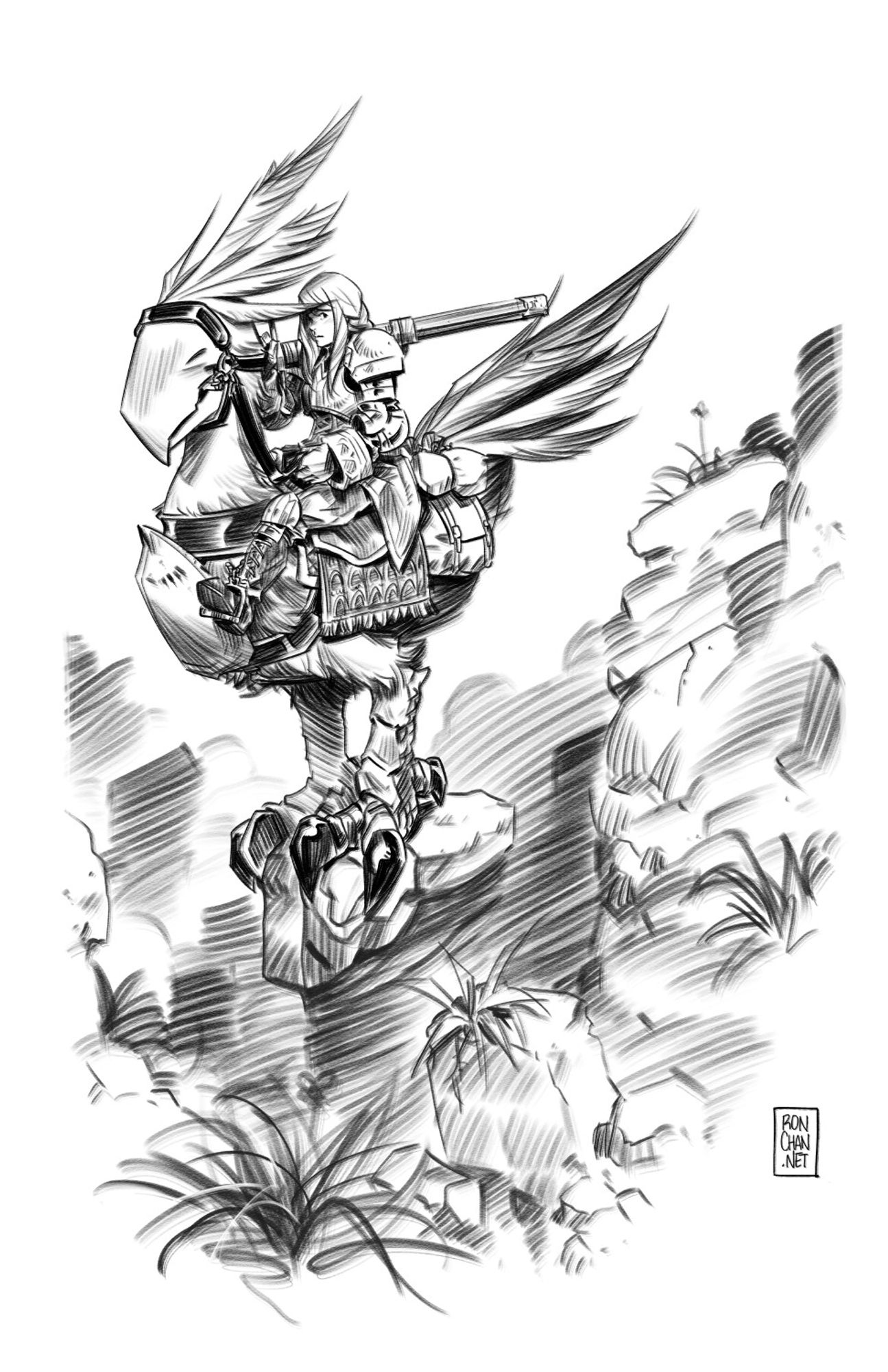 Black and white sketch of Agrias Oaks riding a chocobo done in a loose drybrush ink style. She rests a sheathed sword on her shoulder and the chocobo, a horse sized riding bird, is outfitted in saddle, harness, and chest armor.