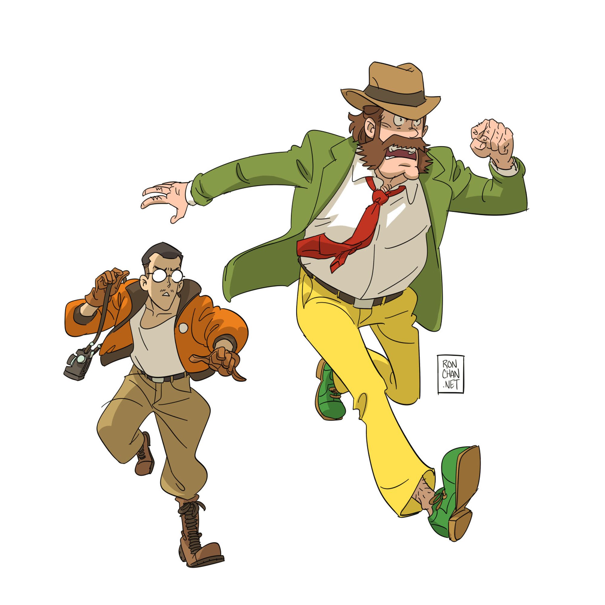 Color art of Kim Kitsuragi and Harry DuBois from Disco Elysium, drawn in a cartoony art style similar to Lupin the Third. Kim is an Asian man with round glasses, an orange bomber jacket, and combat boots. Harry is a brown-haired white guy with huge sideburns and mustache. He wears a green blazer, brown fedora, and bright yellow pants. The two middle-aged men run towards the viewer and to the right.