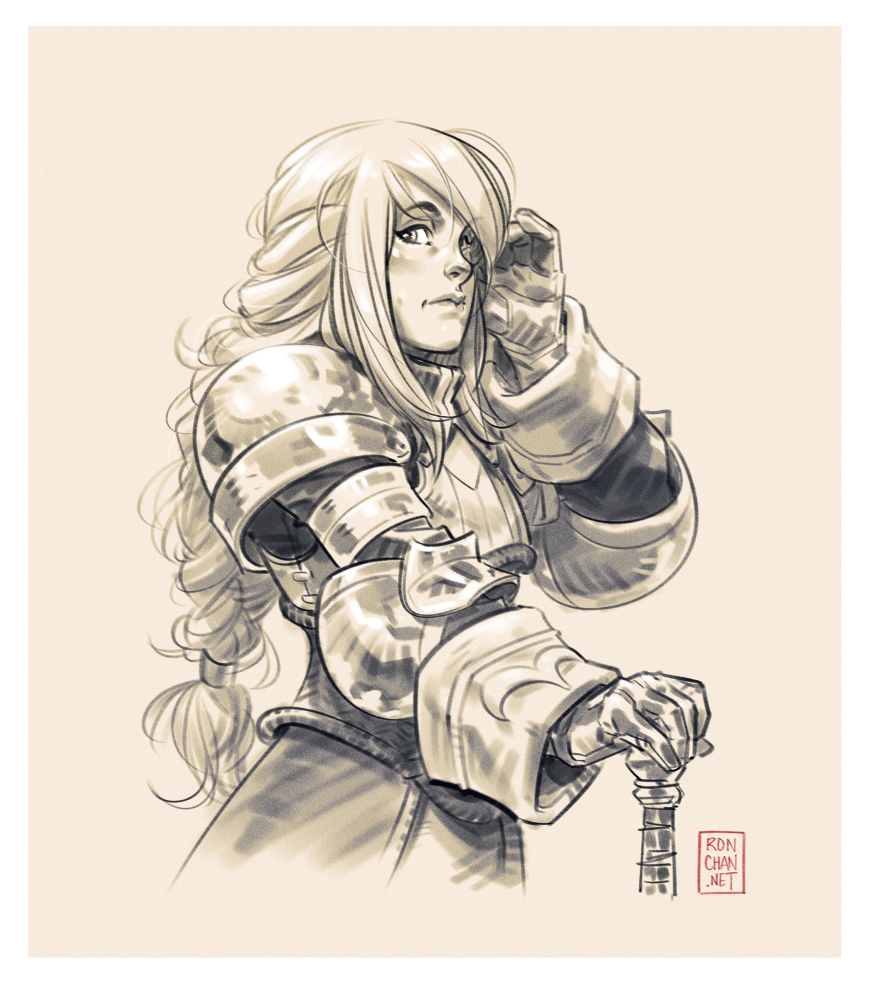 Black and white waist-up sketch of Agrias Oaks rendered with smooth greytones. She smiles at the viewer with one hand adjusting her hair and the other resting on a sword hilt.