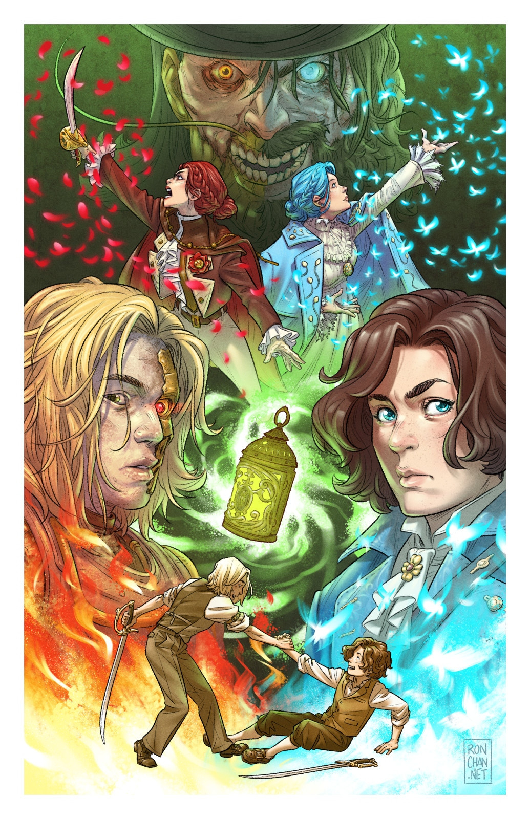 Digital color art of various characters from the video game Lies of P collaged into a large character poster, arranged in a mostly symmetrical composition with P opposite Romeo, Lea opposite Sophia, Arlecchino opposite Simon, young Romeo and Carlo at the front, and Monad's lamp floating in the middle.